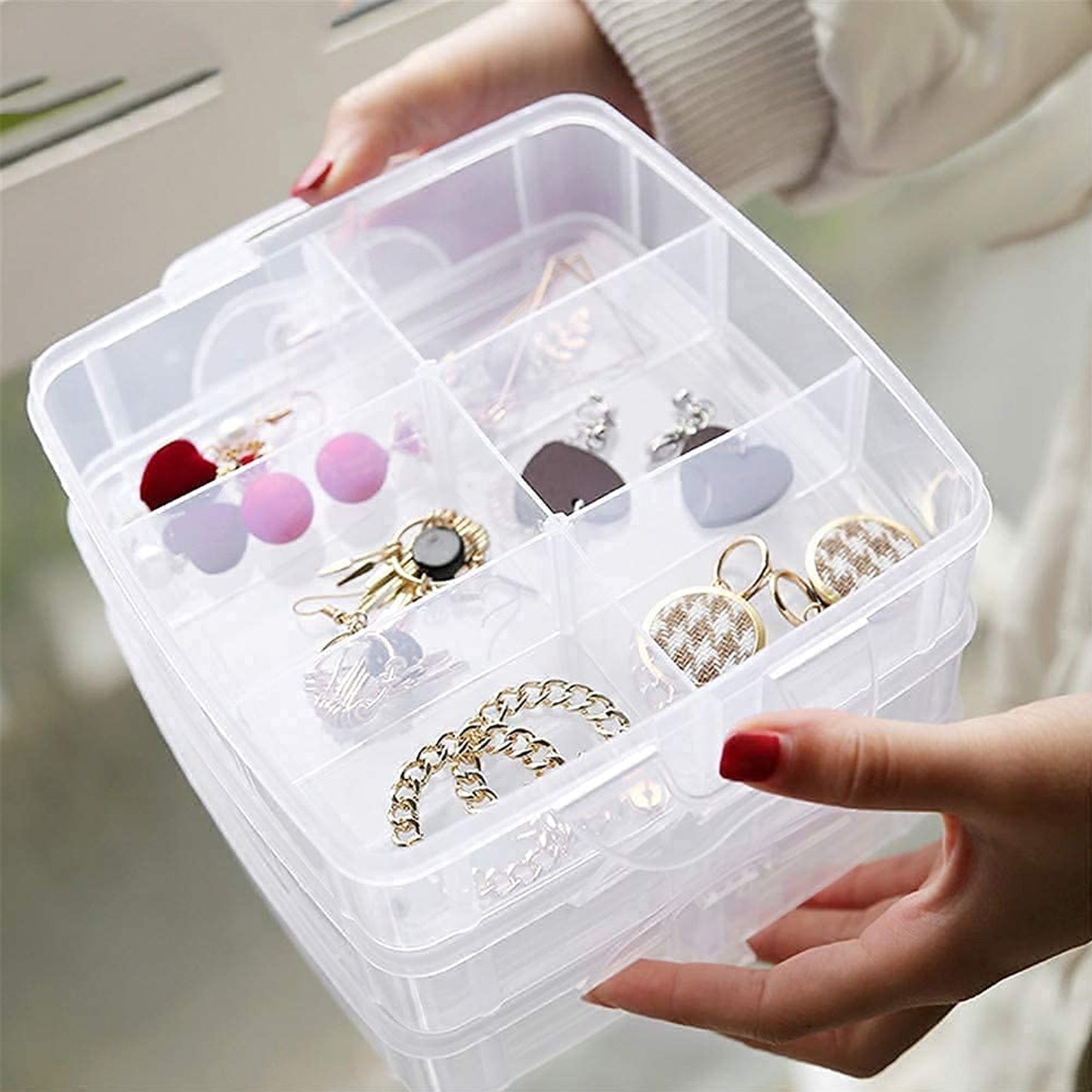 3-tier 18 Sections Transparent Stackable Adjustable Compartment Slot Plastic Craft Storage Box - Happy Price - Image 7