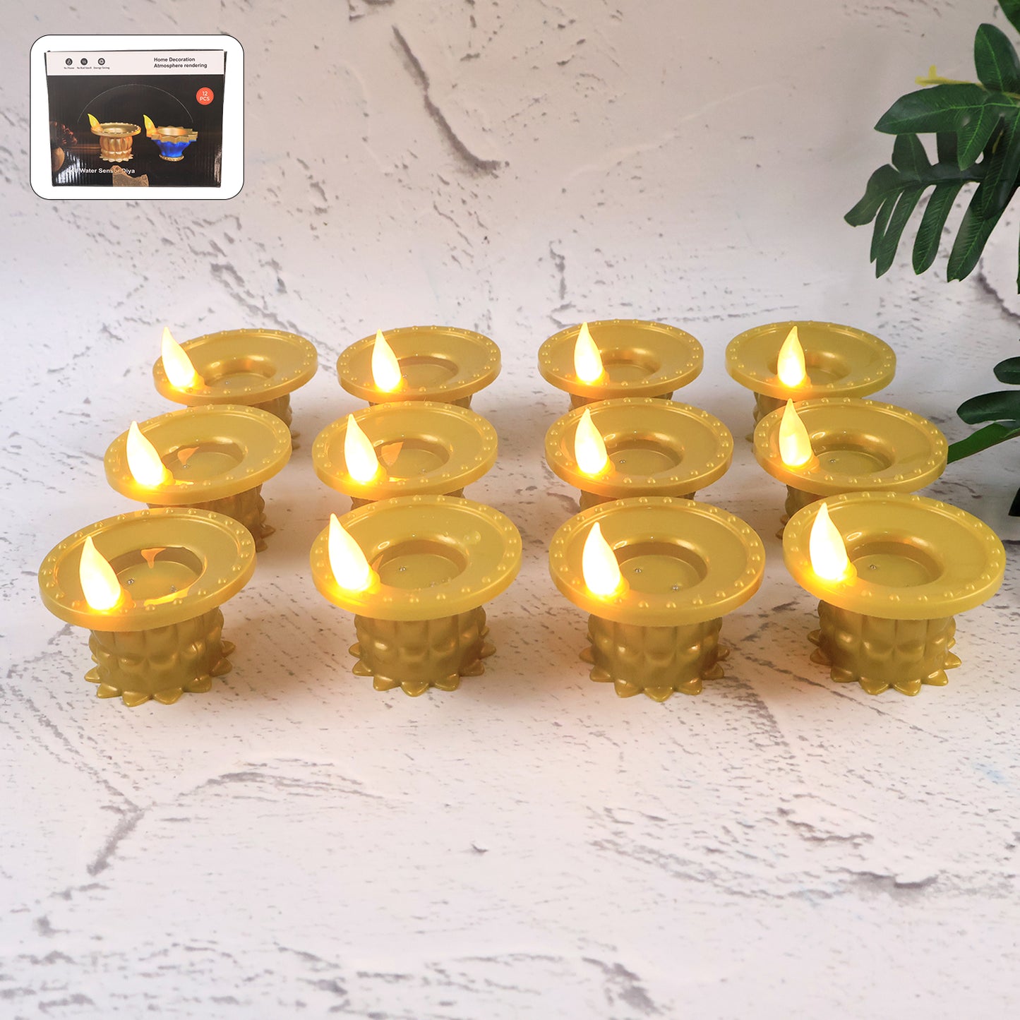 Set of 12 Golden Water Sensor LED Diyas - Flameless Decorative Lights - Happy Price - Image 3