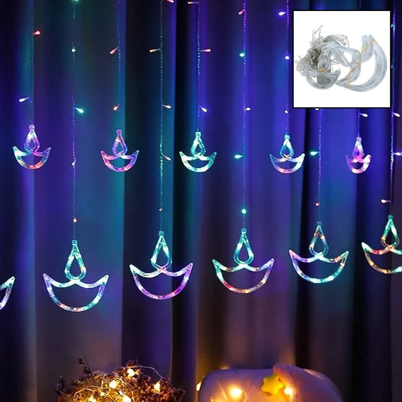 Multicolor Diya Curtain Lights - 12 Diyas, 8 Modes for Festive Decor - Happy Price - Image 1