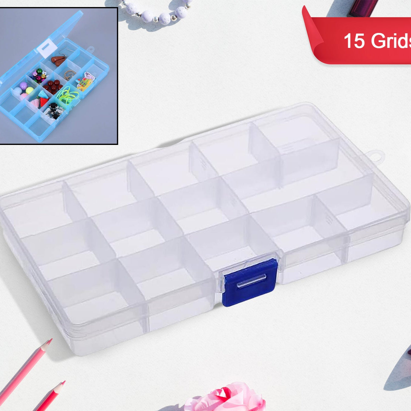 15 Grids Jewelry Organizer Plastic Jewelry Organizer Box Clear Jewelry Organizer Box Plastic Bead Organizers With Adjustable Dividers For Herbs Pills Bead Jewelry And Other Small Item (1 Pc) - Happy Price - Image 1