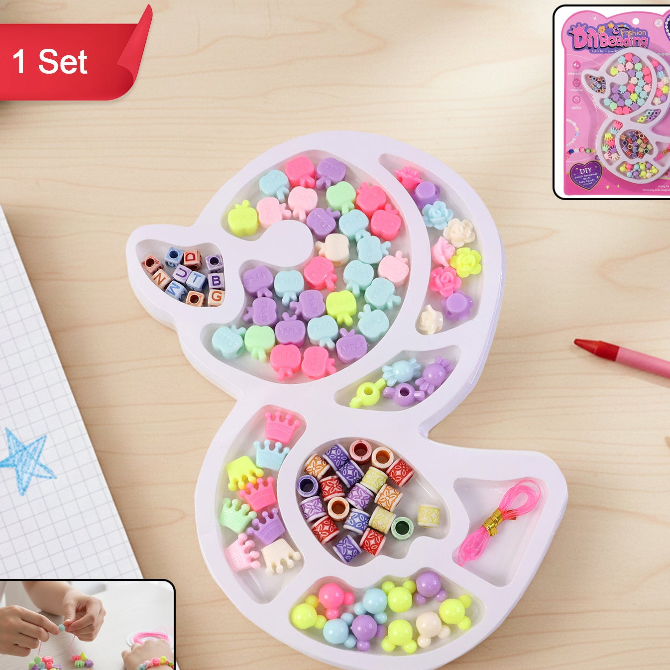 Kids Beading Craft Kit for Jewelry Making - Alphabet Beads, Charms & Elastic Thread (1 Set) - Happy Price - Image 1