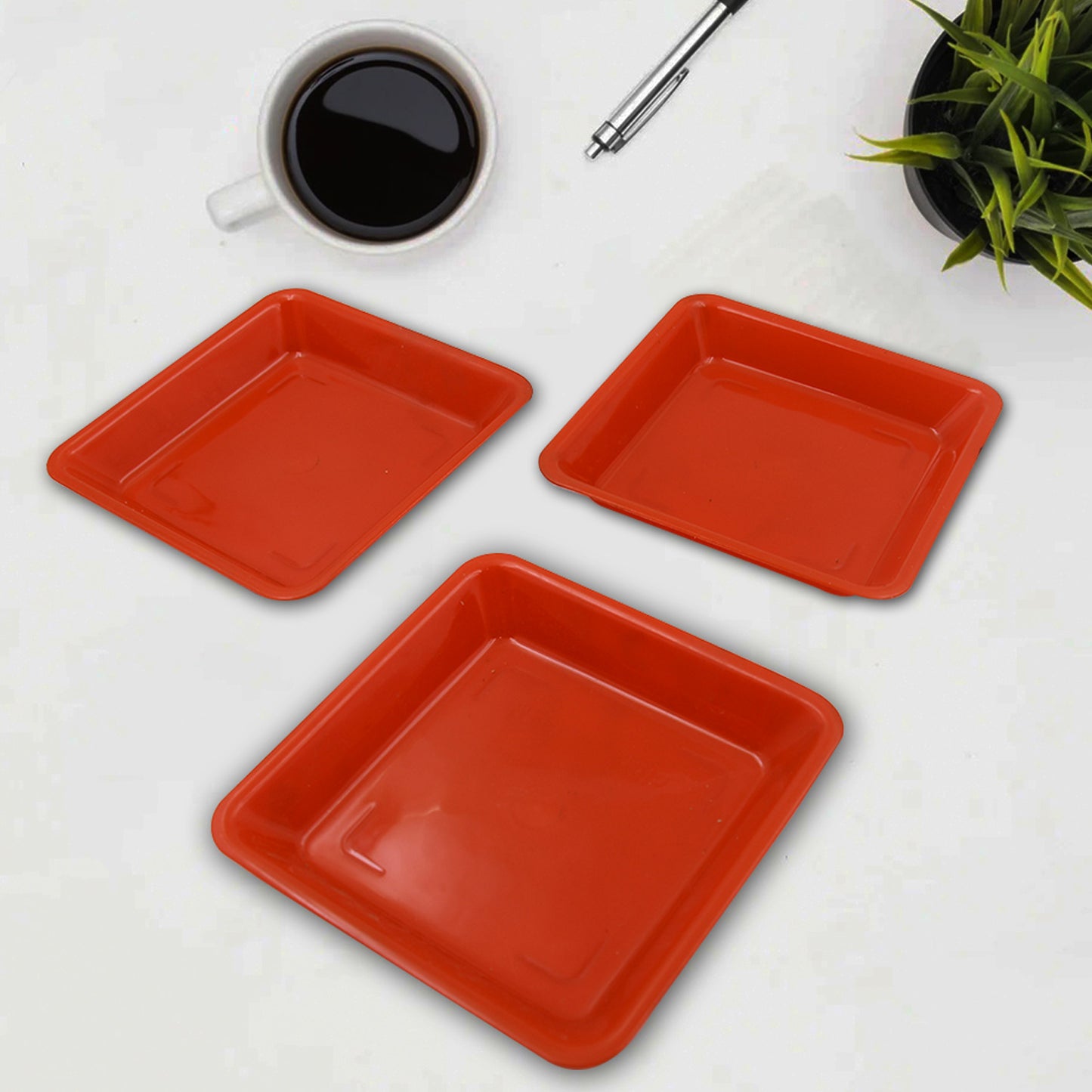 Square Plastic Halwa Dinner Plate Snacks  Breakfast Restaurant Serving Trays Home School Coffee Hotel Kitchen Office (3 Pcs Set) - Happy Price - Image 2