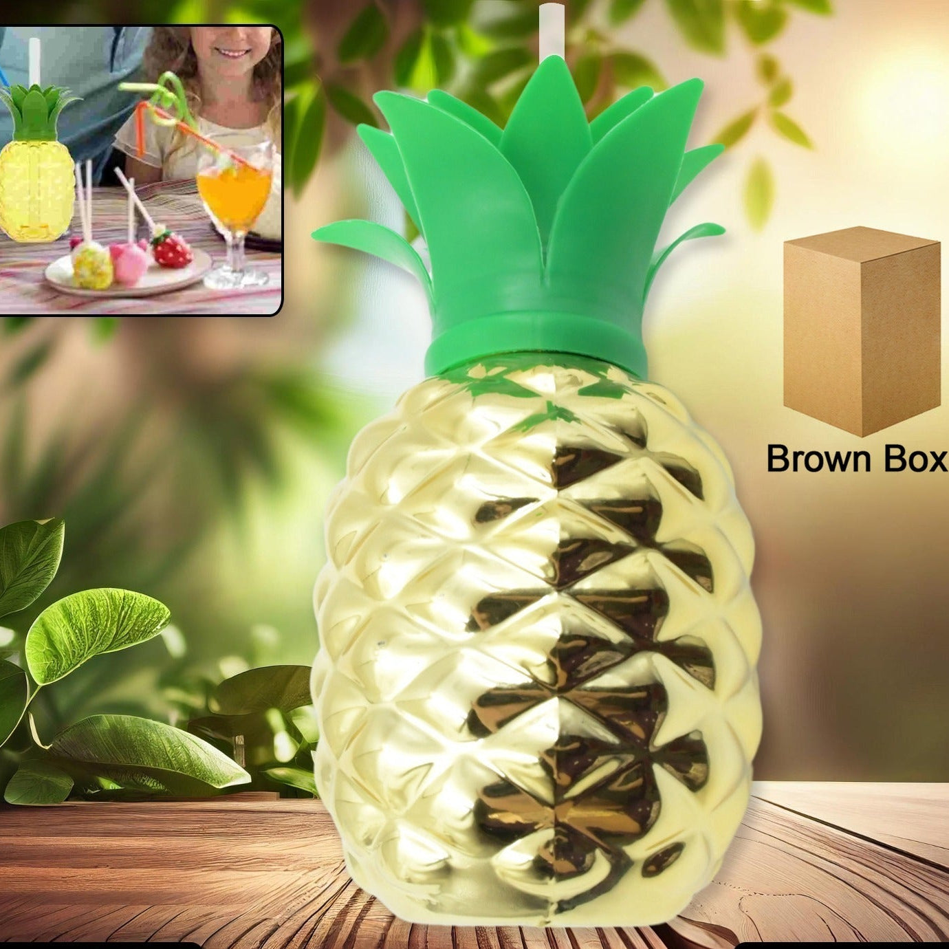 Plastic Pineapple Cups With Straw Pineapple Party Favors Summer Hawaiian And Beach Party Decorations For Kids Adults With Brown Box(1 Pc) - Happy Price - Image 1