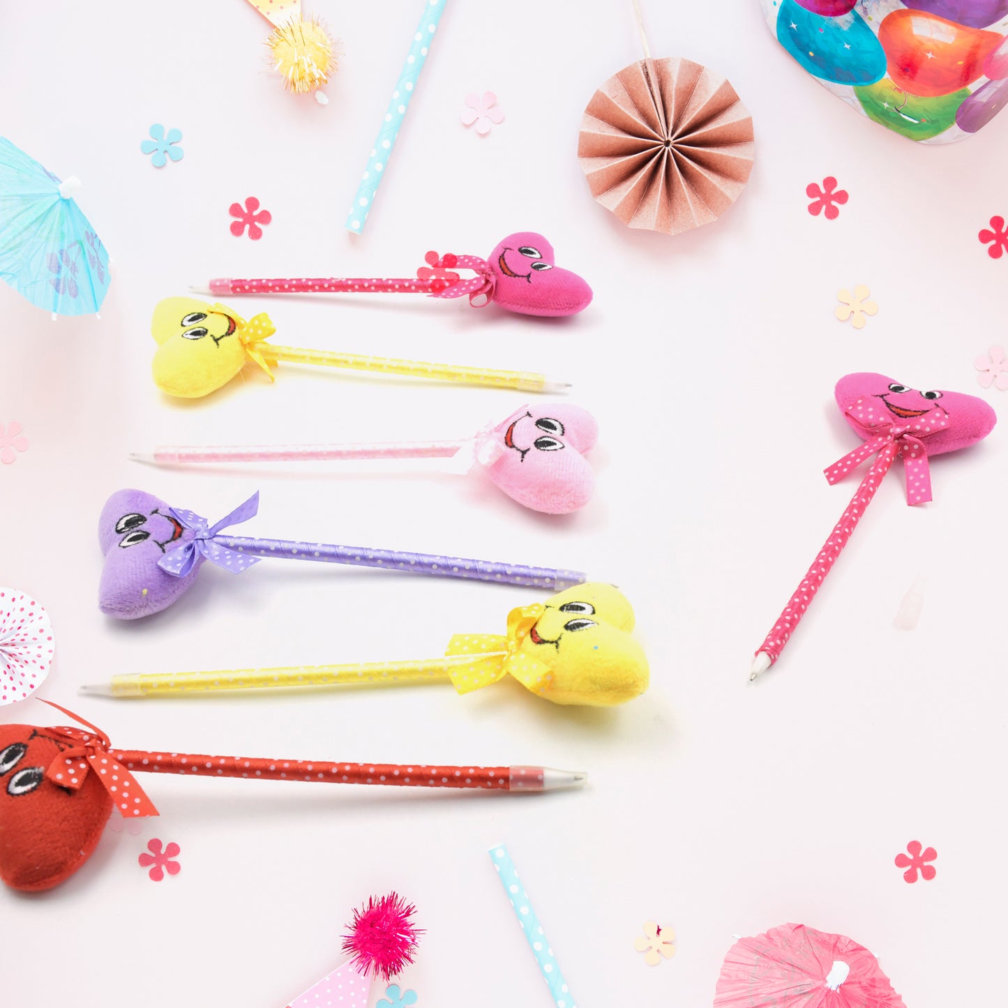 Cute Cartoon Shape  Heart Design Facy Writting Pen Attached Rattle  Ball Pen Smooth Writing For Wedding  Events  Multiuse Pen  Best Pen L Use For Kids (12 Pcs Set Mix Design  Color) - Happy Price - Image 2