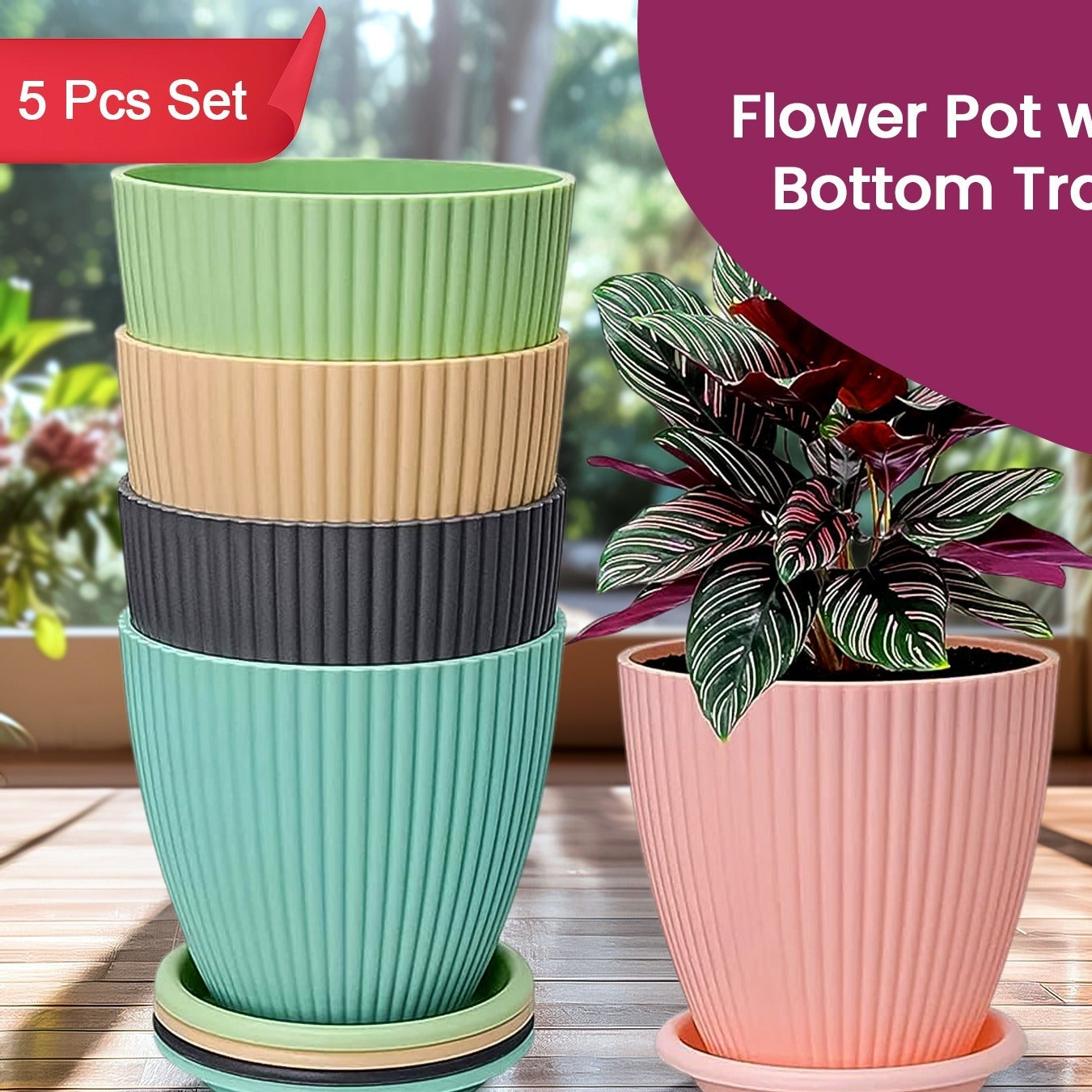 Set of 5 Round Plastic Plant Pots with Saucer Trays - Happy Price - Image 1