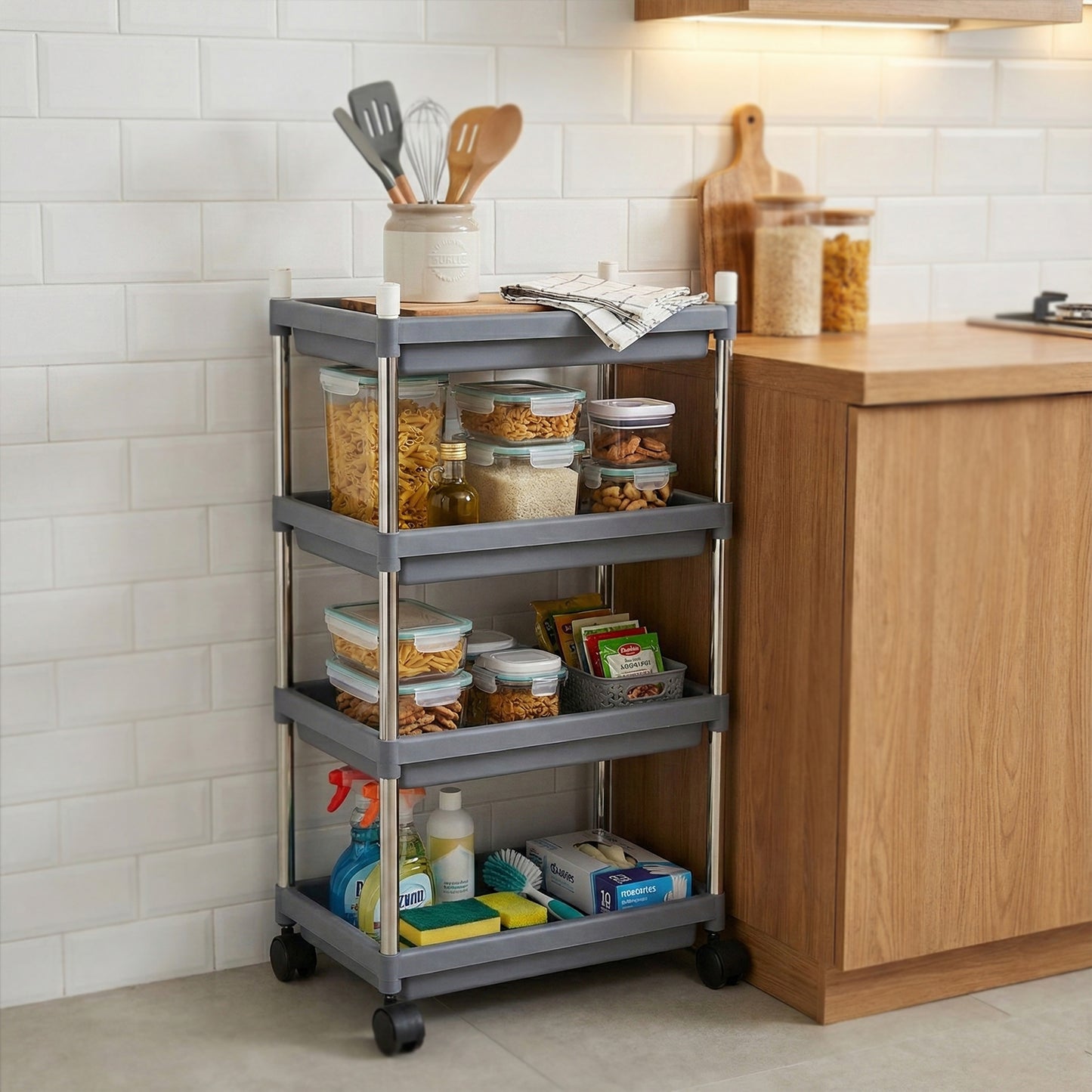 4-Tier Rolling Storage Cart with Wheels - Stainless Steel Frame Organizer - Happy Price - Image 4