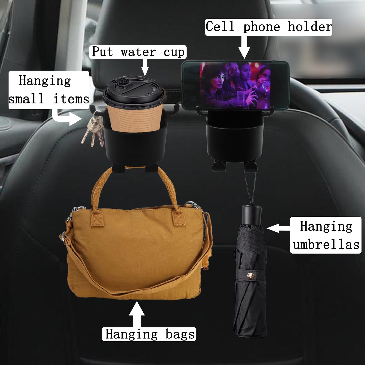 Car Headrest Backseat Organizer 3 In 1 Automotive Cell Phone Drink Cupholder Adapter With Headrest Hooks For Kids And Adults Multifunctional Storage For Car Travel Accessories - Happy Price - Image 6