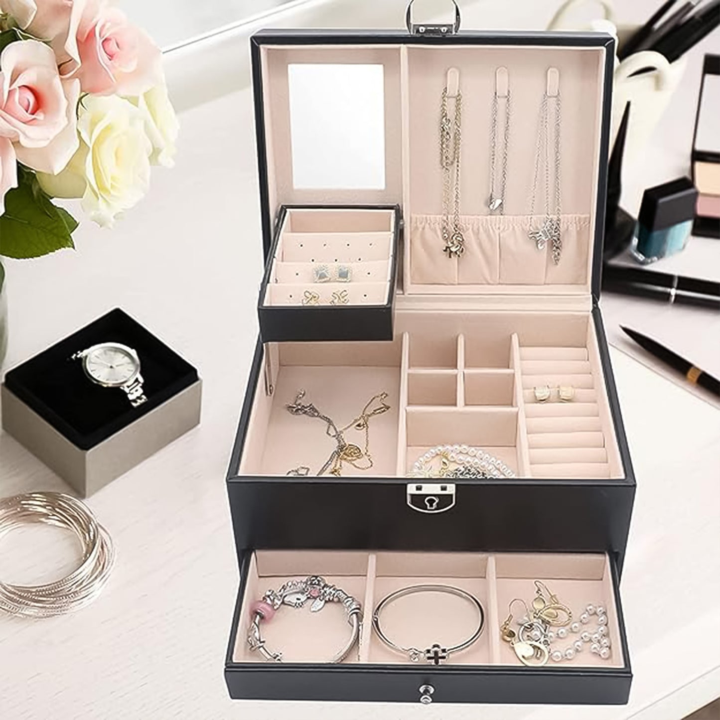 Multi-Layer Jewellery Organizer Box with Mirror & Lock - 1 Pc - Happy Price - Image 5