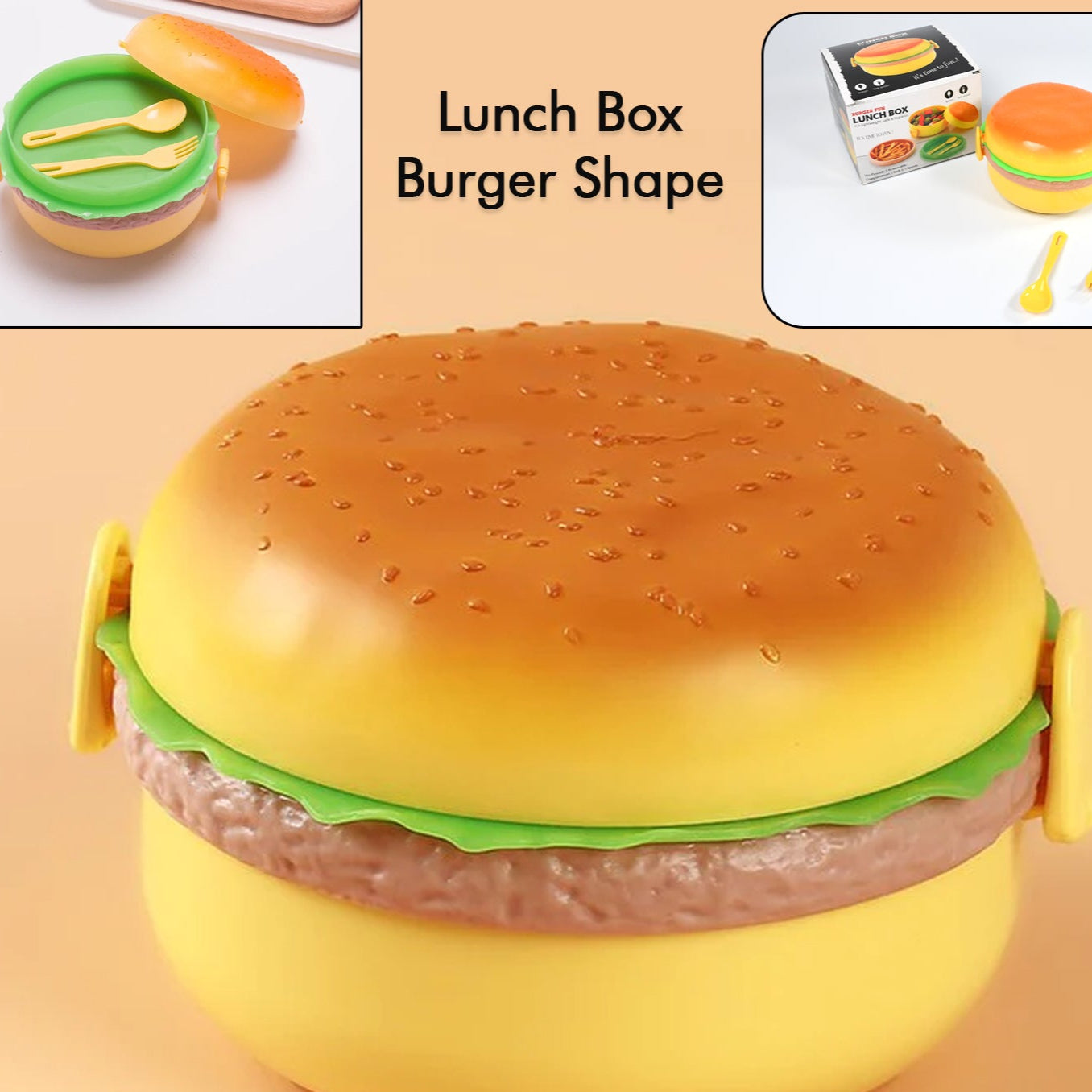 Burger Shape Lunch Box Plastic Lunch Box Food Container Sets Double Layer Lunchbox 1000ml With 2 Spoon Applicable To Kids And Elementary School Students - Happy Price - Image 1