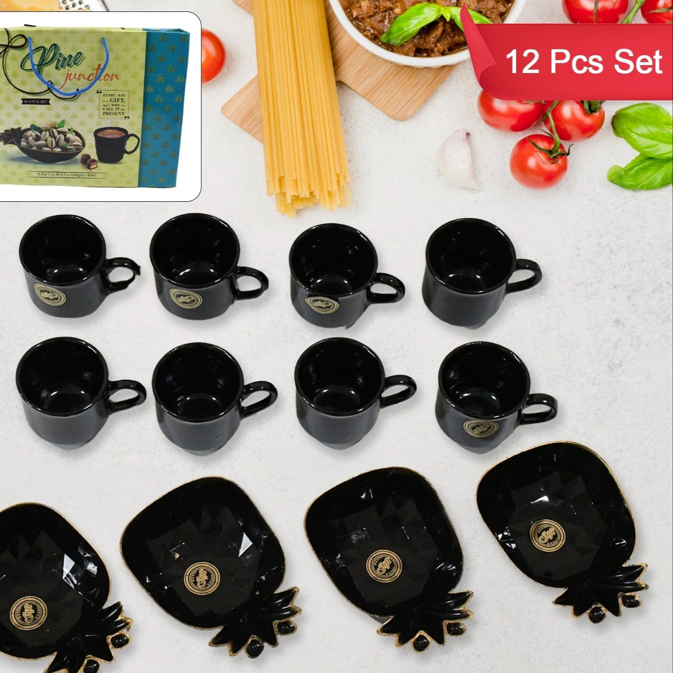Pine Junction Ceramic Tea  Cups  Mug Set With Pineapple Shape Serving Bowl  (12 Pcs Set) - Happy Price - Image 1