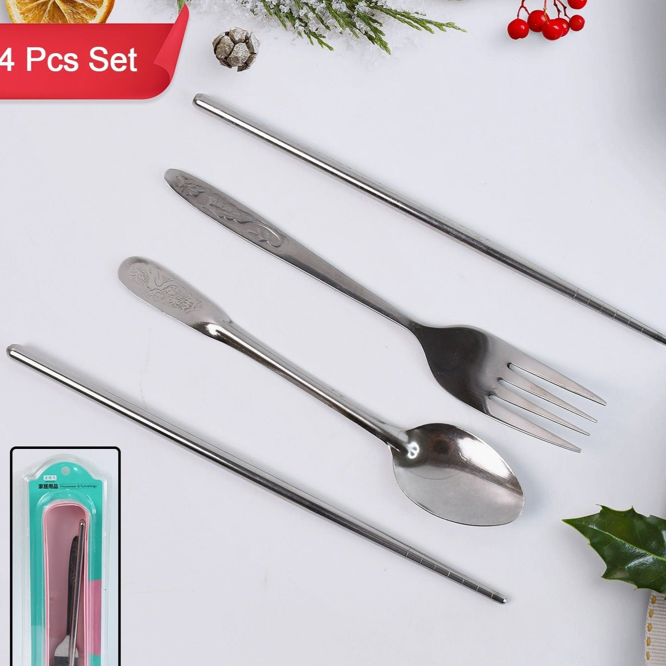 Portable Utensils Travel Camping Cutlery Set 4 Pc With Case - Happy Price - Image 1