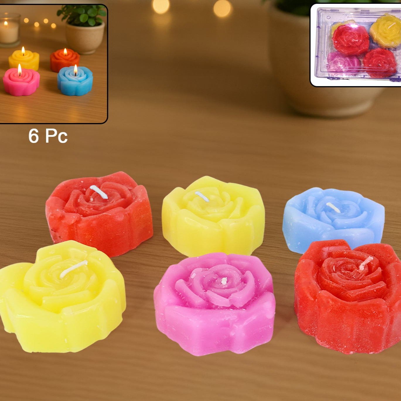 Rose Shaped Wax Candles Set - Pack of 6 Decorative Scented Candles for Home Decor & Gifting - Happy Price - Image 1
