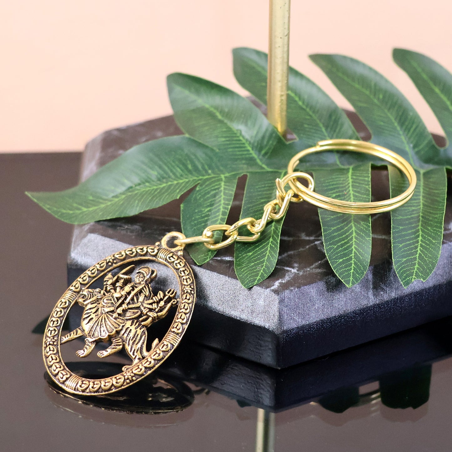 Golden Metal Durga Maa Keychain with Lion Motif (1 Pc) - Happy Price - Image 3