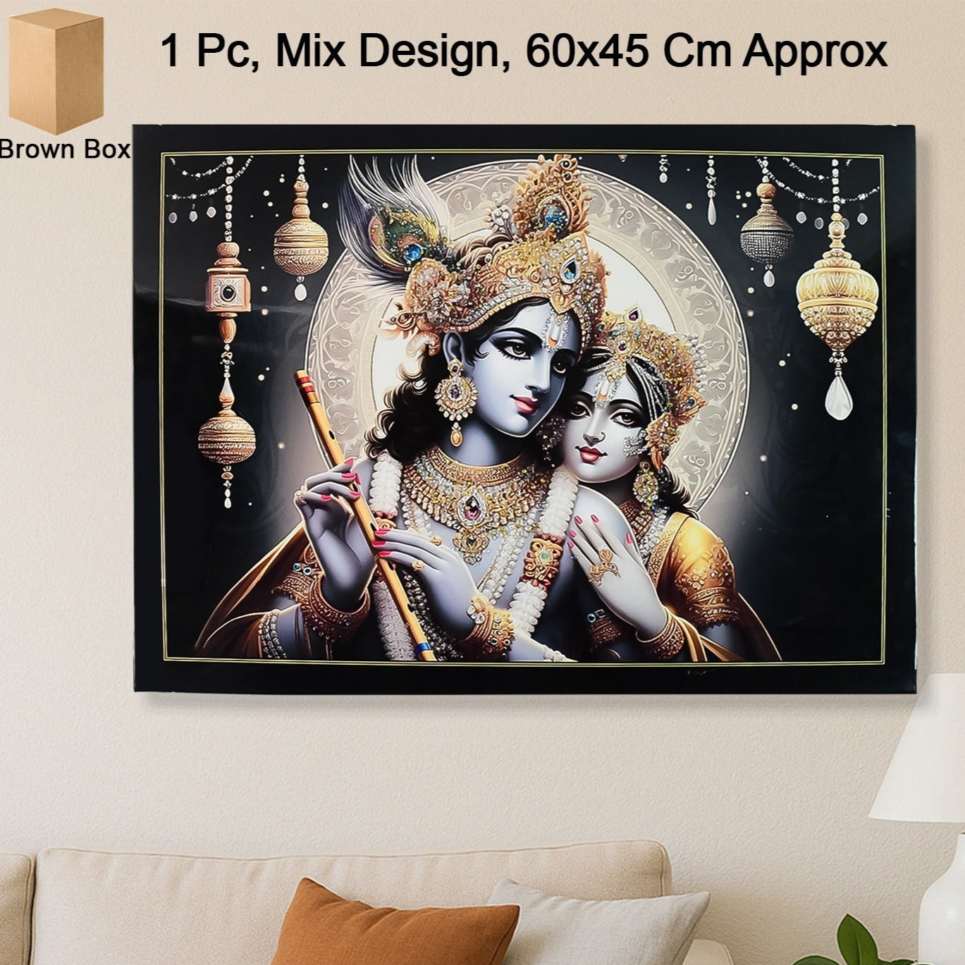 Lord Krishna Radha Wall Painting with Wooden Frame - 60x45 cm, 1 Pc - Happy Price - Image 1