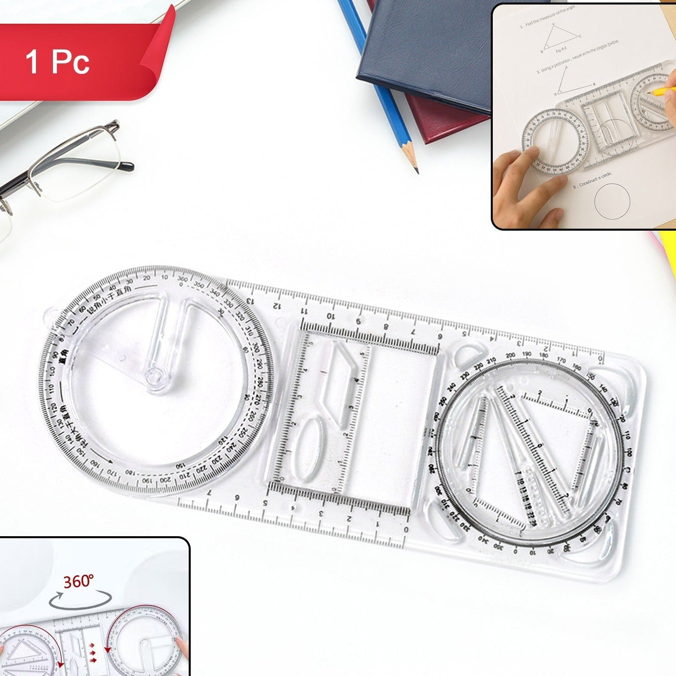 1 Pc Multi-Purpose Geometry Drawing Tool with Ruler, Protractor & Stencils - Happy Price - Image 1
