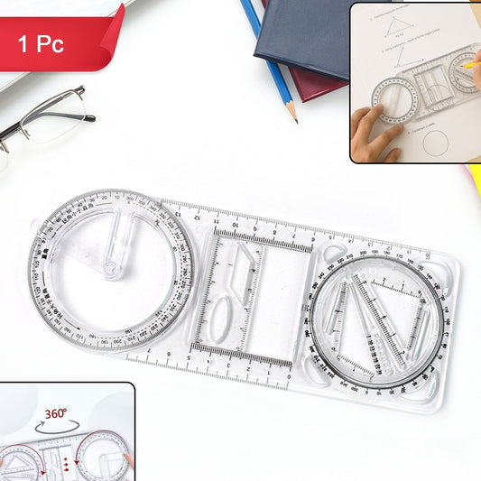 1 Pc Multi-Purpose Geometry Drawing Tool with Ruler, Protractor & Stencils - Happy Price - Image 1