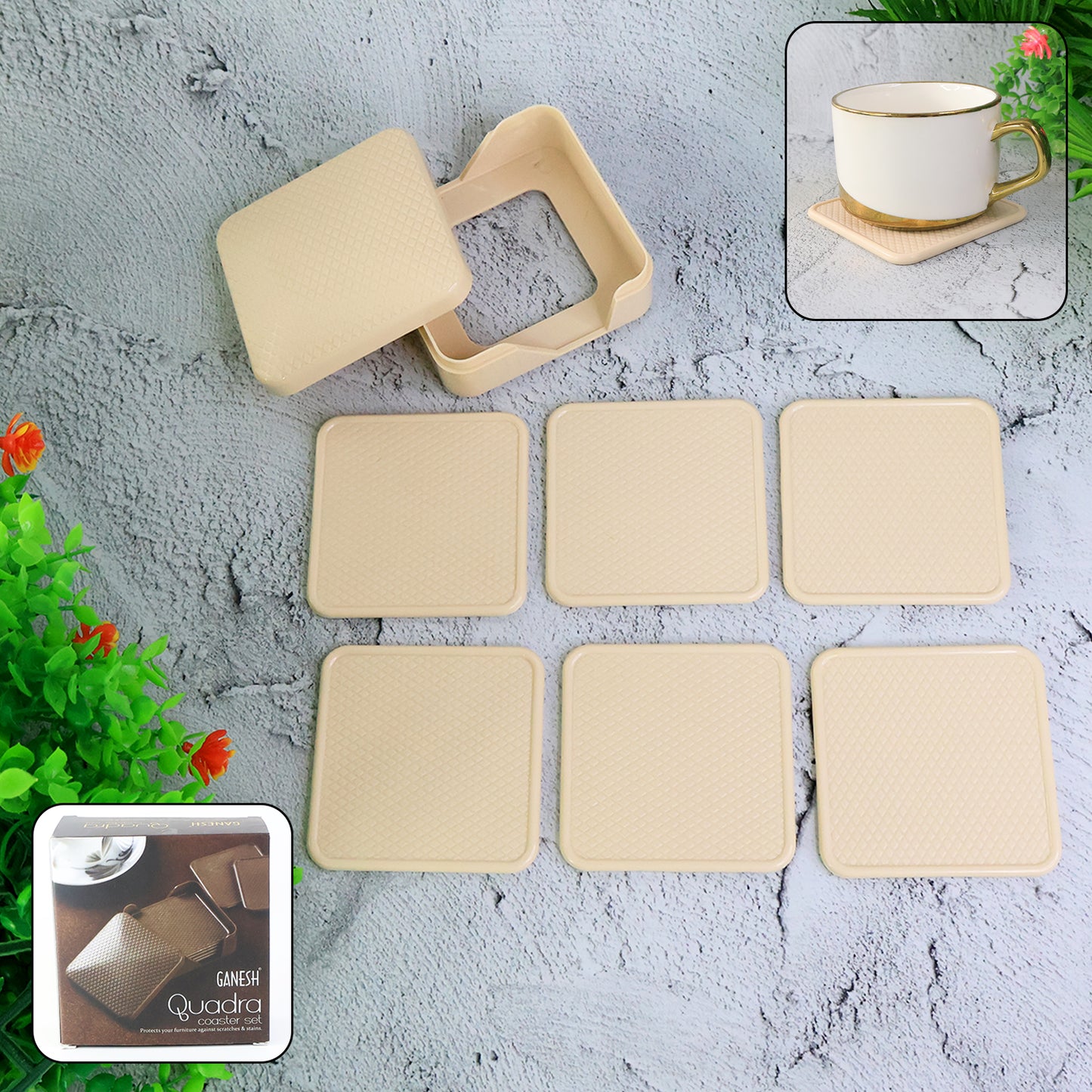 Ganesh Square Coasters Set with Storage Box - 6 Pcs Premium Drink Mats - Happy Price - Image 3