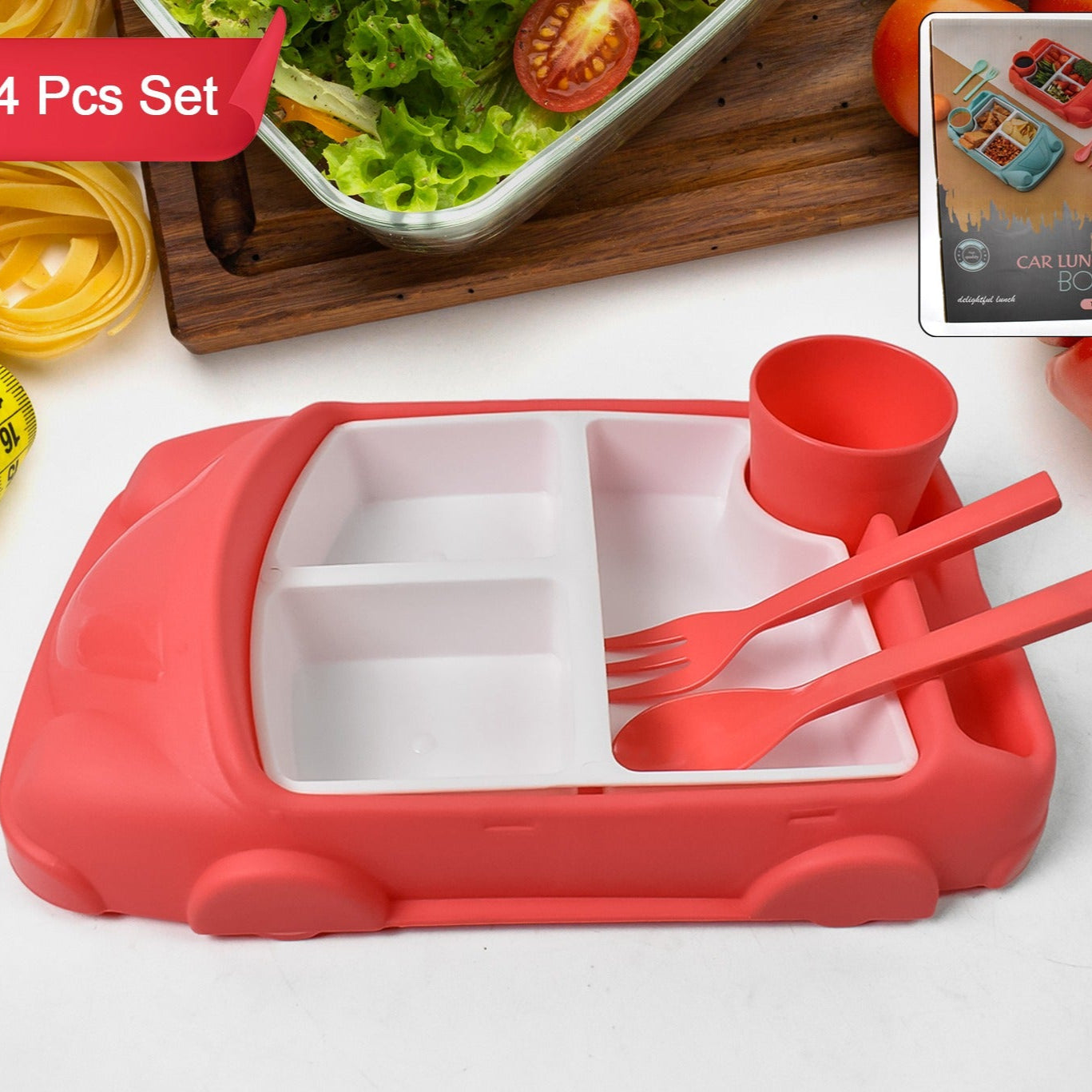 Kids Car Shaped Plates Cup  Lunch Box Dinnerware Set (4 Pcs Set  1000 Ml Lunch Box) - Happy Price - Image 1