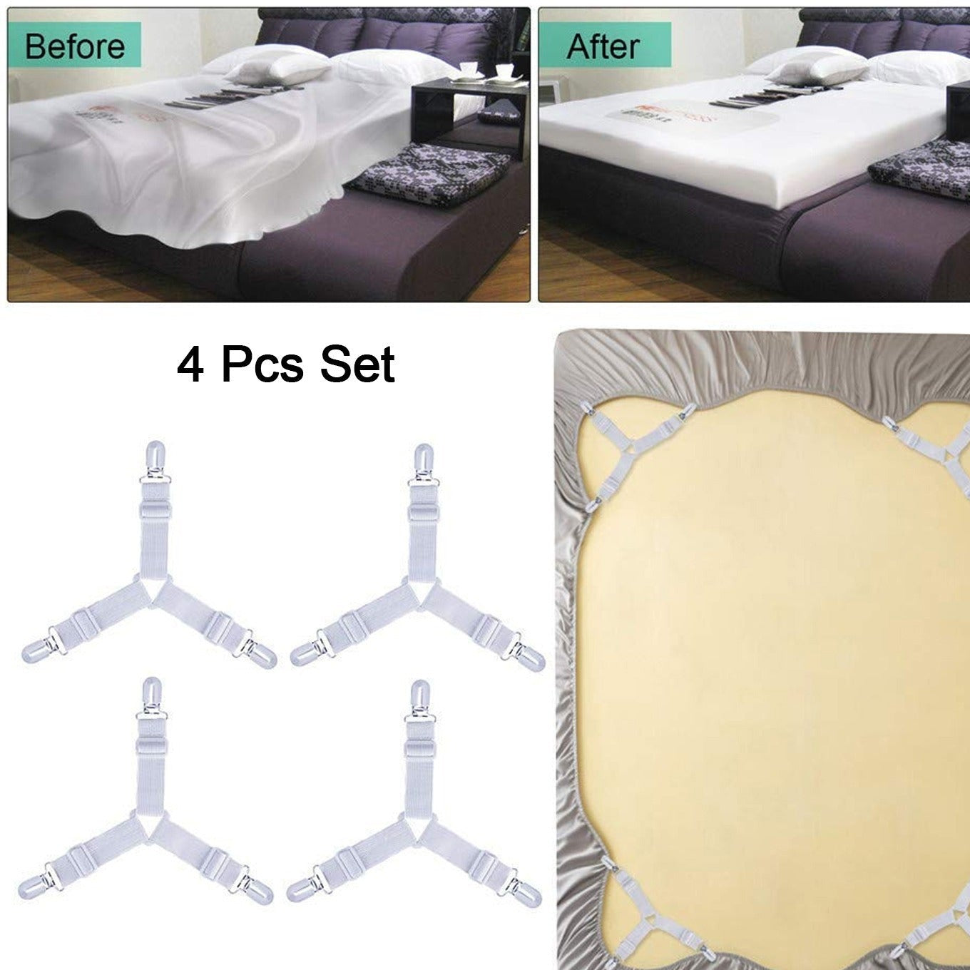 Adjustable Triangle Elastic Suspenders Gripper Holder Straps Clip For Bed Sheets (4 Pc) - Happy Price - Image 1