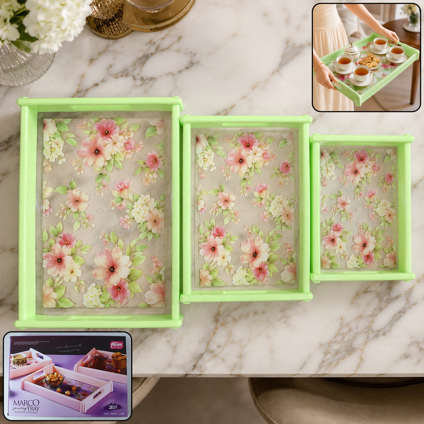 Floral Print Multipurpose Serving Tray Set - 3 Pc - Happy Price - Image 3