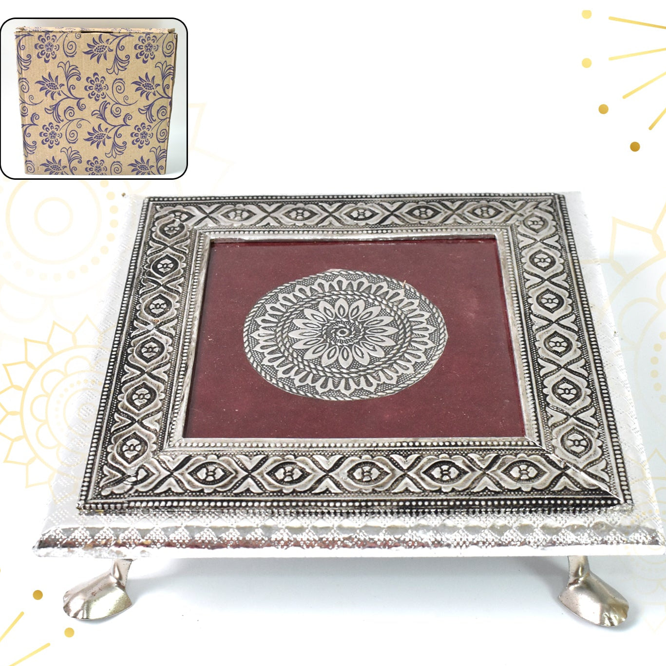 Silver - Square Pooja Chowki Patla  Bajot (2020 Cm  1 Pc) - Happy Price - Image 1
