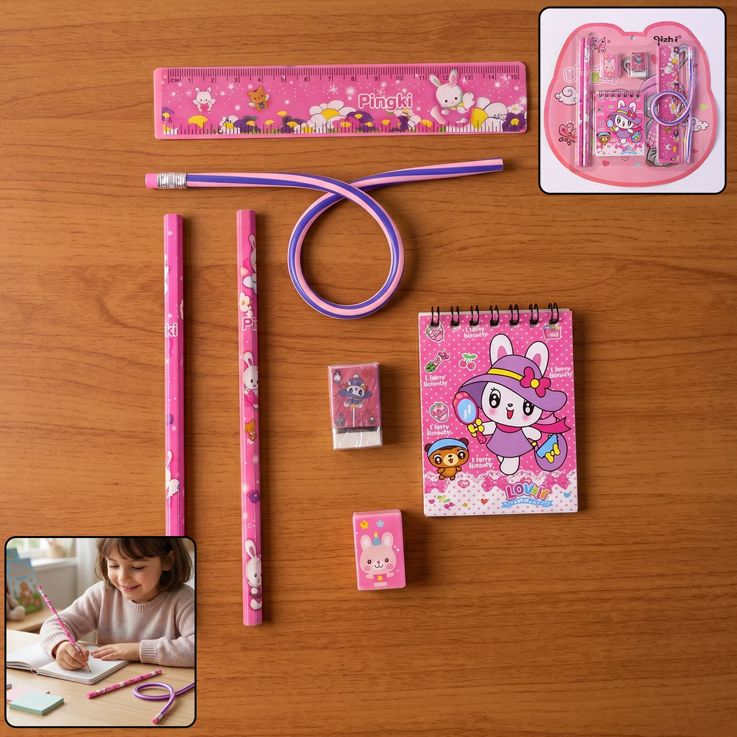 7-in-1 Cute Pink Stationery Kit for Kids - Includes Ruler, Pencils, Eraser, Sharpener & Notebook - Happy Price - Image 2