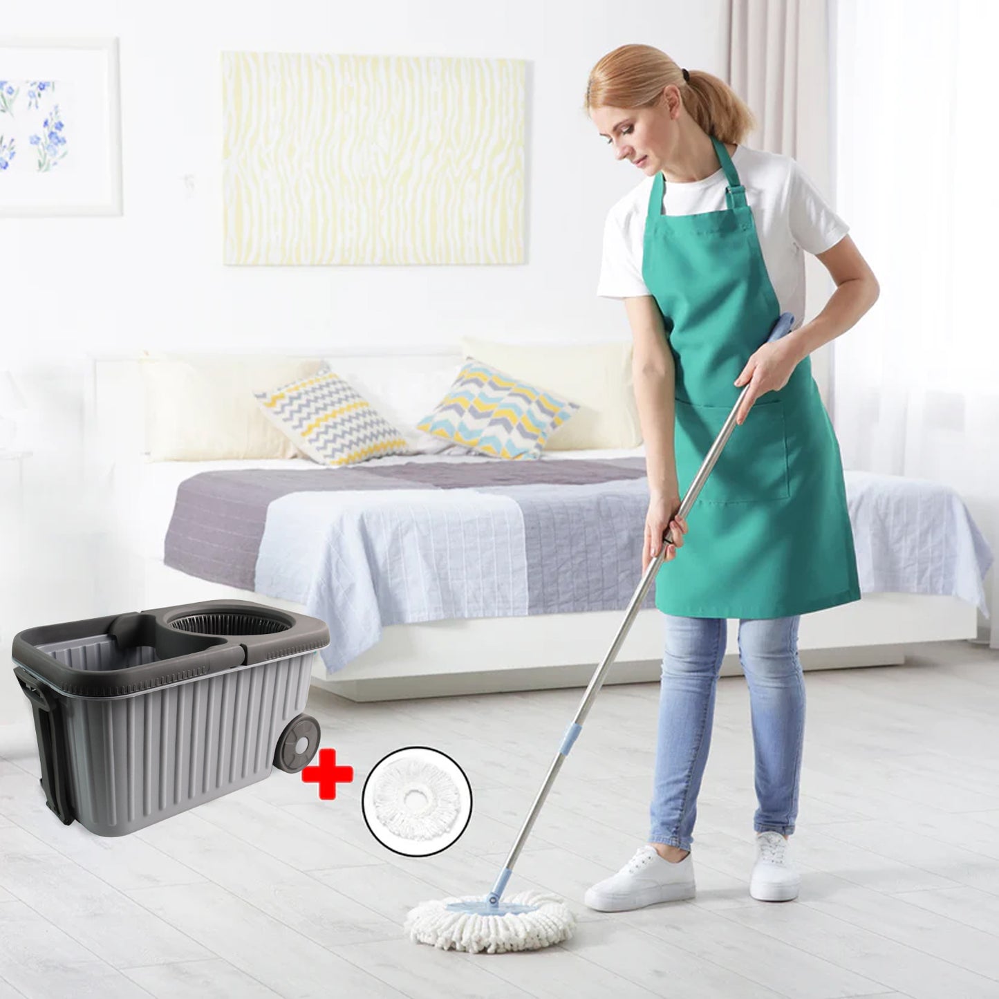 Apex Magic Spin Mop Cleaning Set With Dual Chamber Bucket  Wheels - Happy Price - Image 2