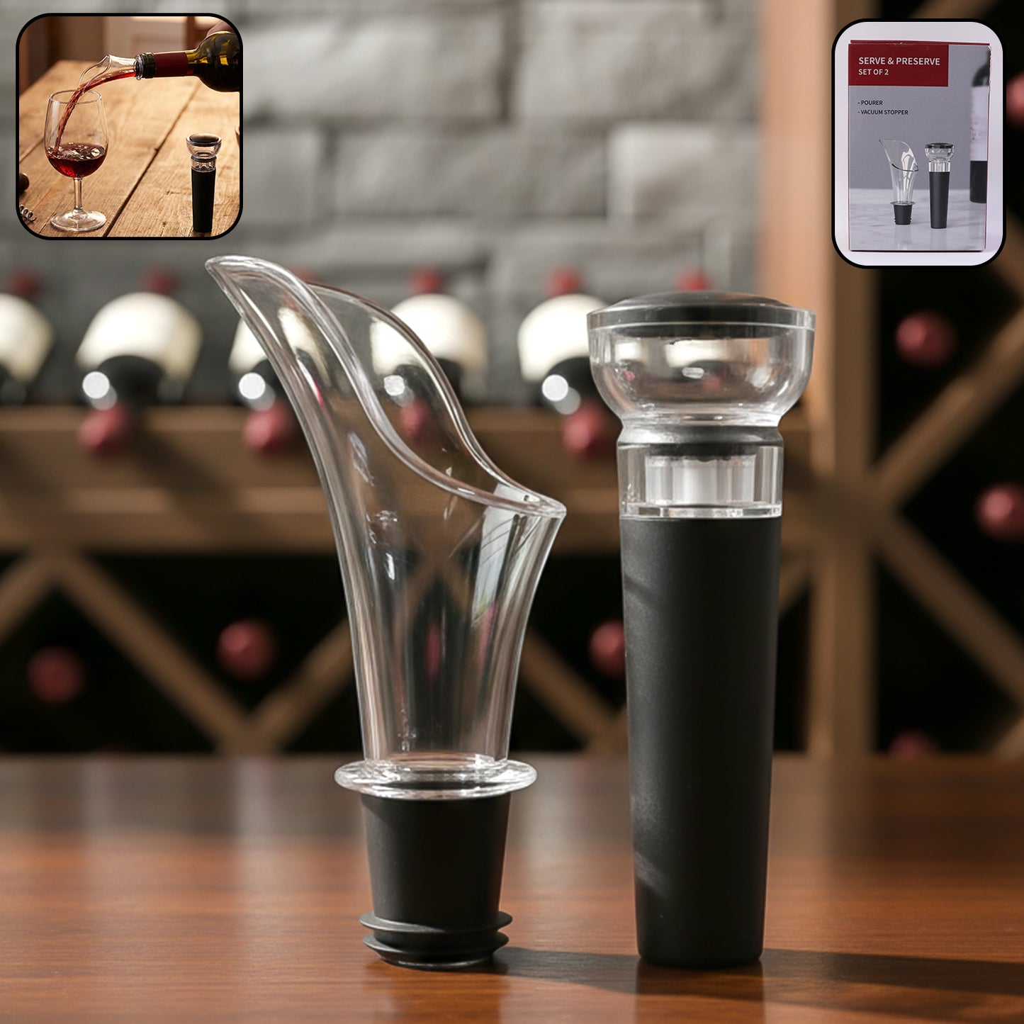 Wine Pourer and Vacuum Stopper Set - 2 Pc for Freshness - Happy Price - Image 2