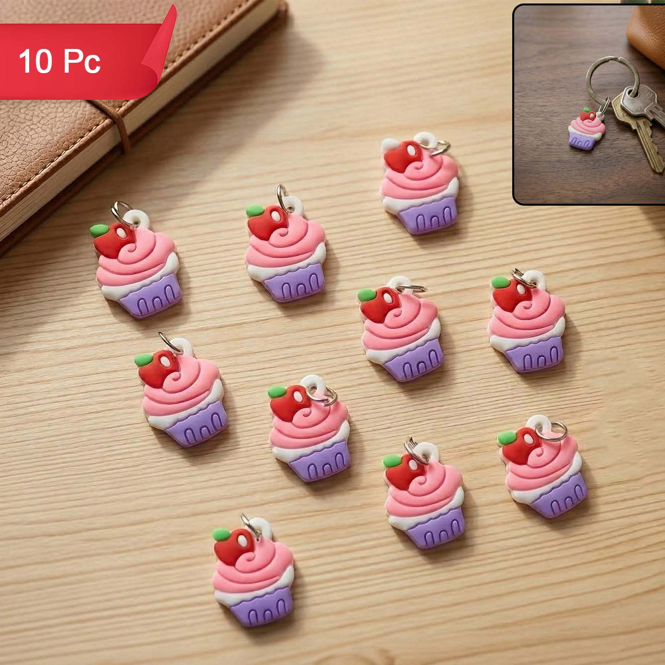 Cute Cupcake Shape Bag Charm Keychain Set (10 Pc)