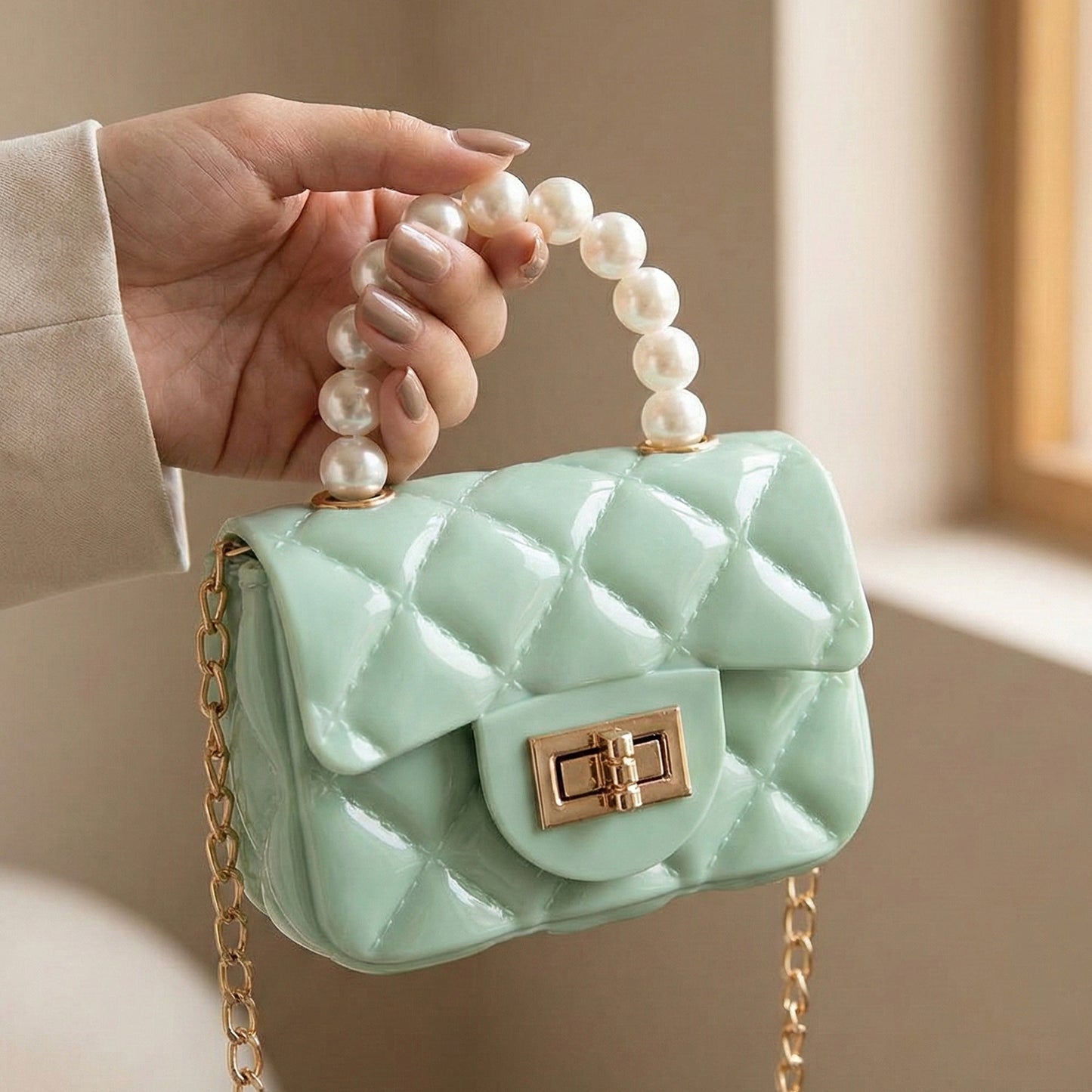 Quilted Mini Handbag with Pearl Handle & Chain Strap (1 Pc) - Happy Price - Image 5