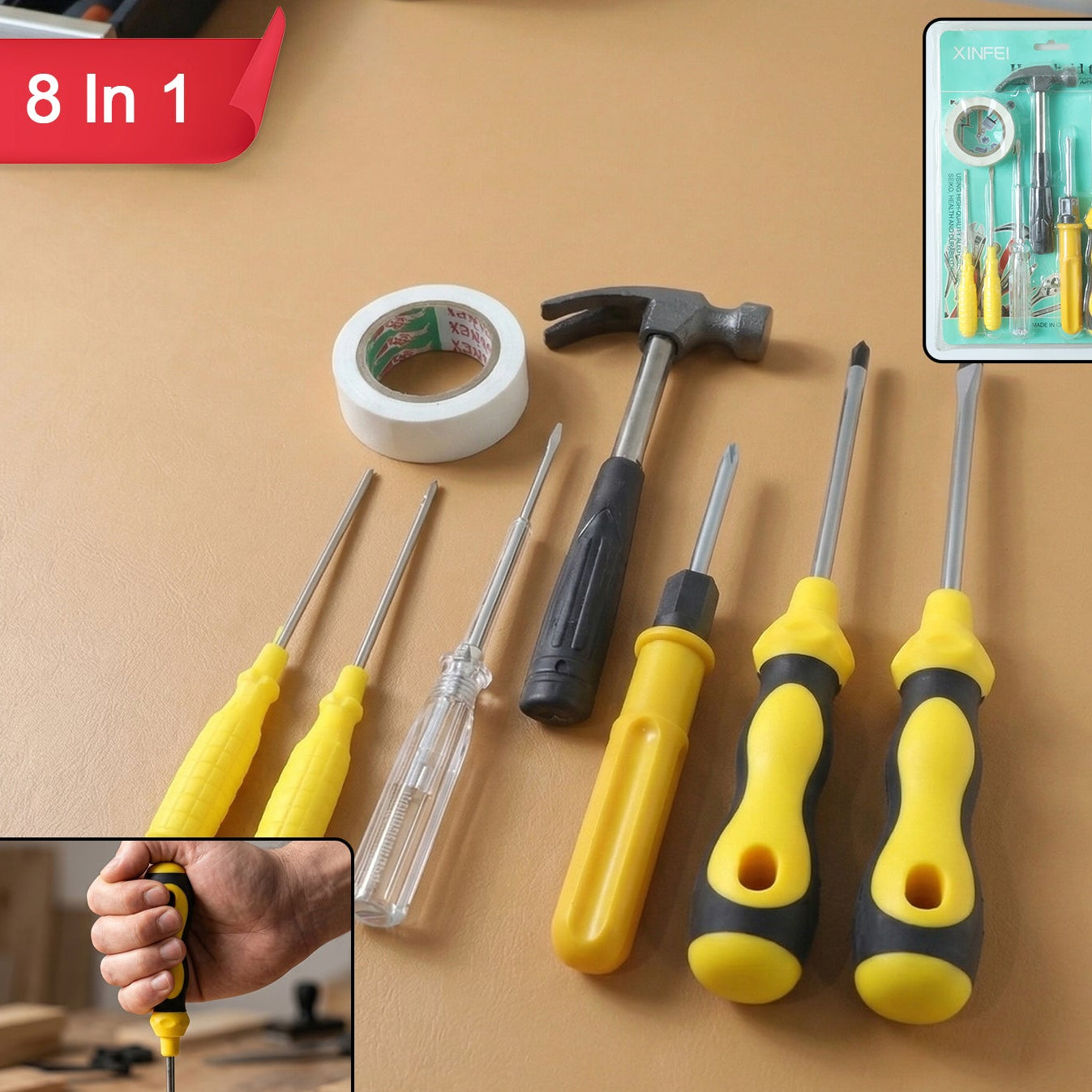 8 In 1 Hand Tool Kit Set Screwdriver Hammer Repair Tool Kit (1 Set  Mix Color Tap)