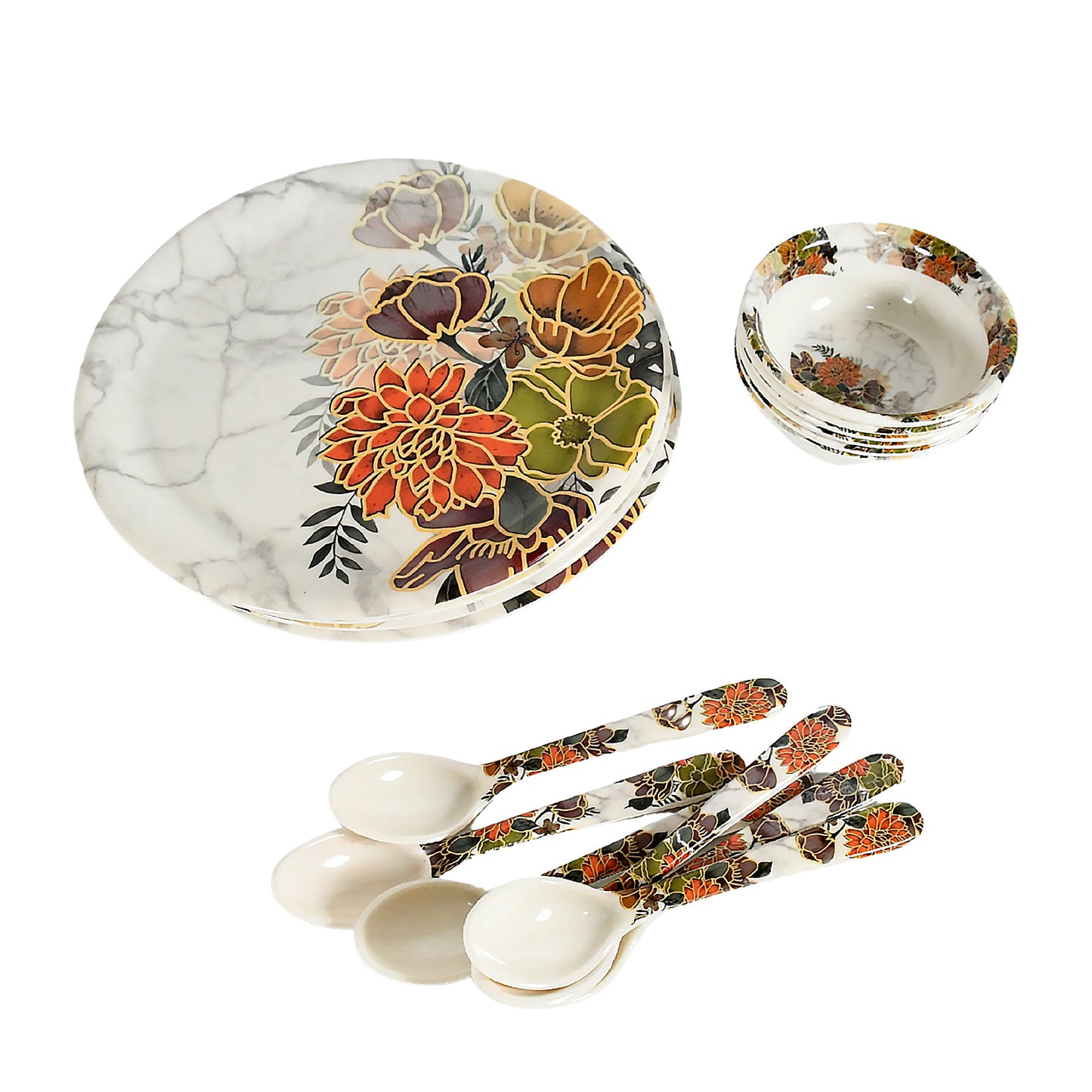 Dream High Quality Plastic Dinning Dinner Set With Unique Flower Design Printed 6 Pc Plates 6 Pc Bowls And 6 Pc Serving Spoon Lightweight Round Plates And Bowls Microwave And Dishwasher Safe (18 Pcs Set) - Happy Price - Image 4