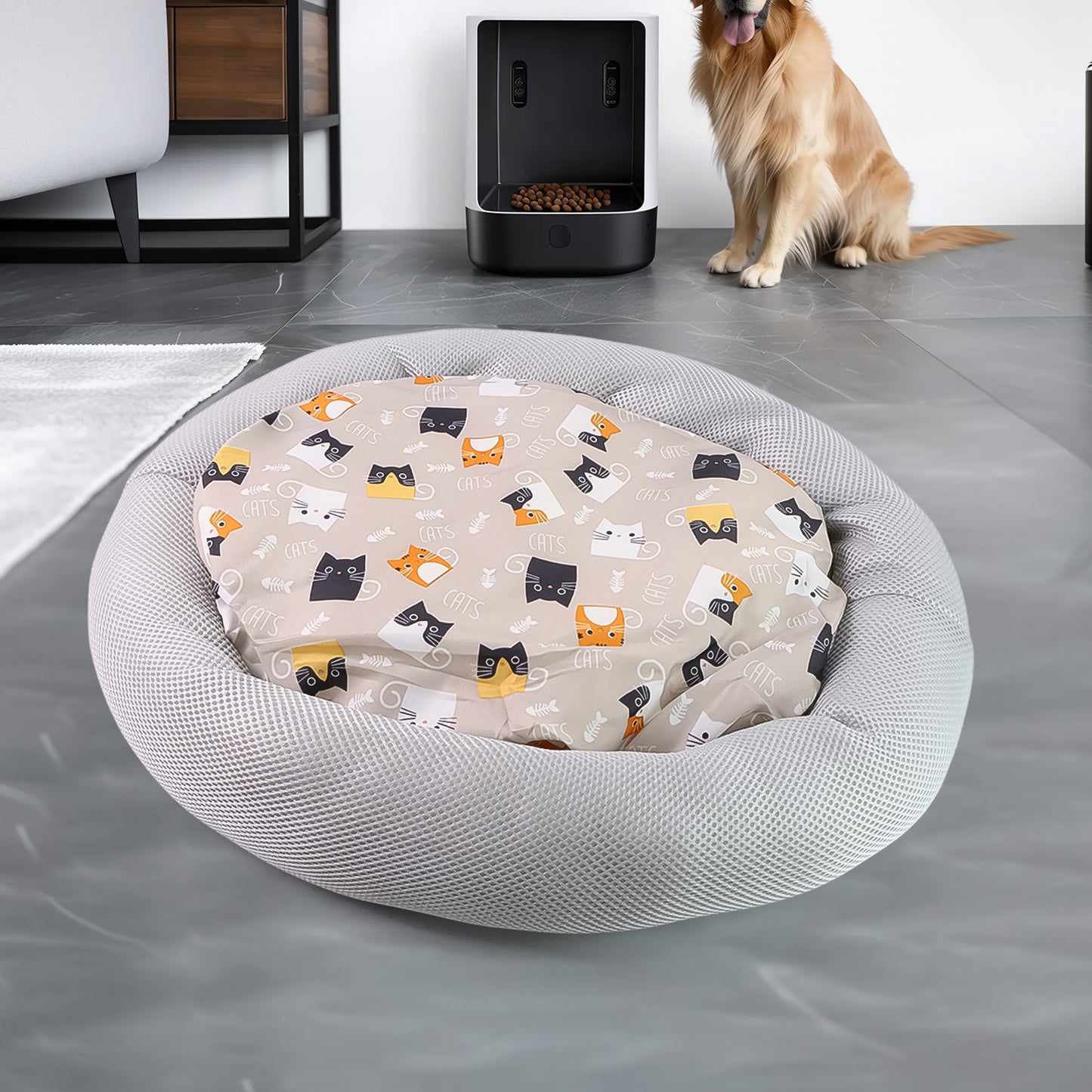 Round Soft Plush Cat Bed With Cartoon Cat Print Cushion  1 Pc - Happy Price - Image 3