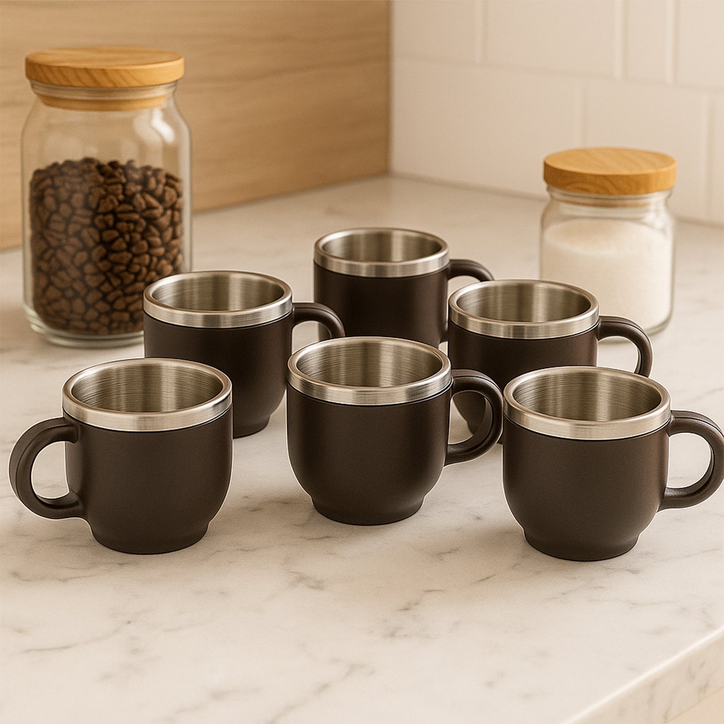 Apex 6 Pc Double Wall Stainless Steel Cappuccino Mugs Set, 100 ML Each, Brown Finish - Happy Price - Image 4