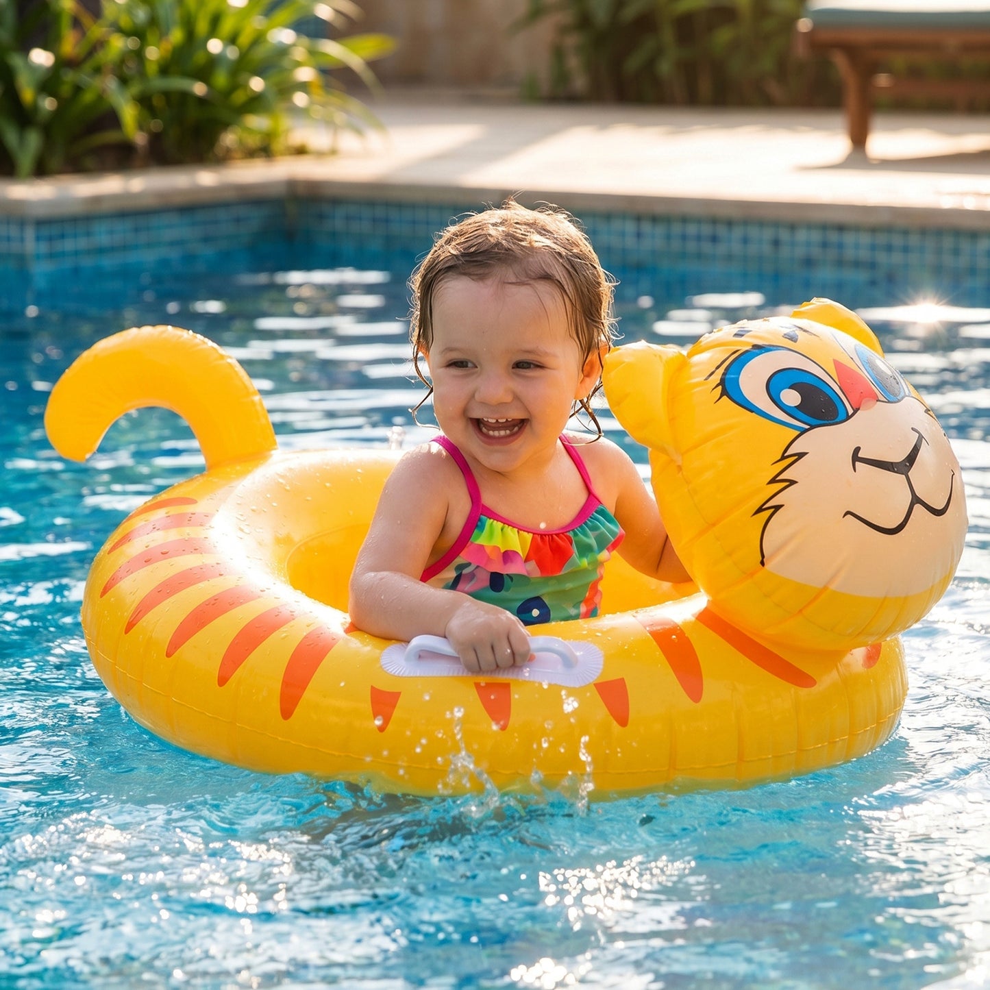 Kids Inflatable Tiger Swim Ring Pool Float With Handle Grip  1 Pc