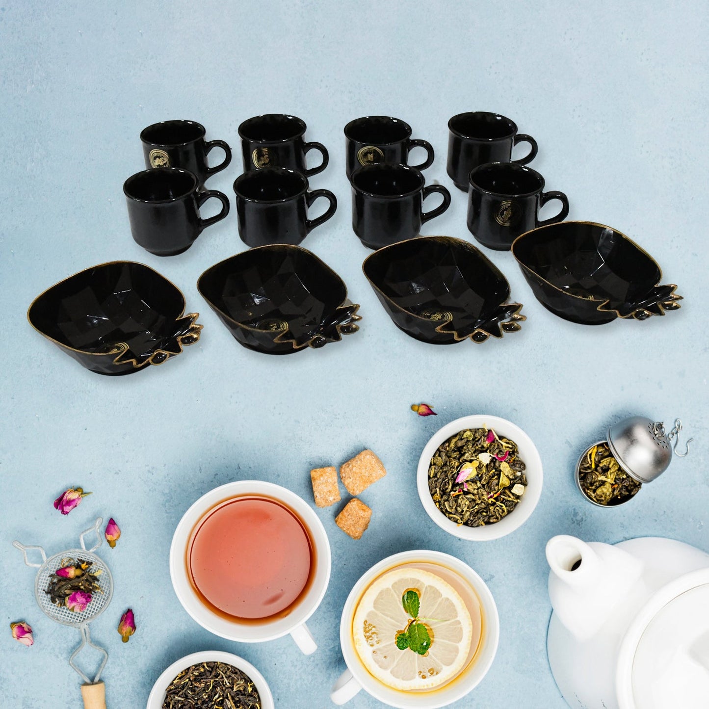 Pine Junction Ceramic Tea  Cups  Mug Set With Pineapple Shape Serving Bowl  (12 Pcs Set) - Happy Price - Image 4