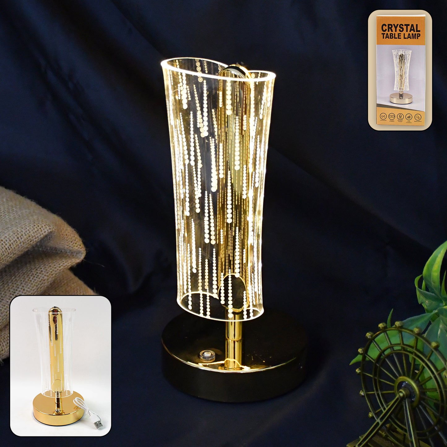Crystal LED Table Lamp with Golden Base - USB Rechargeable Decorative Light (1 Pc) - Happy Price - Image 6