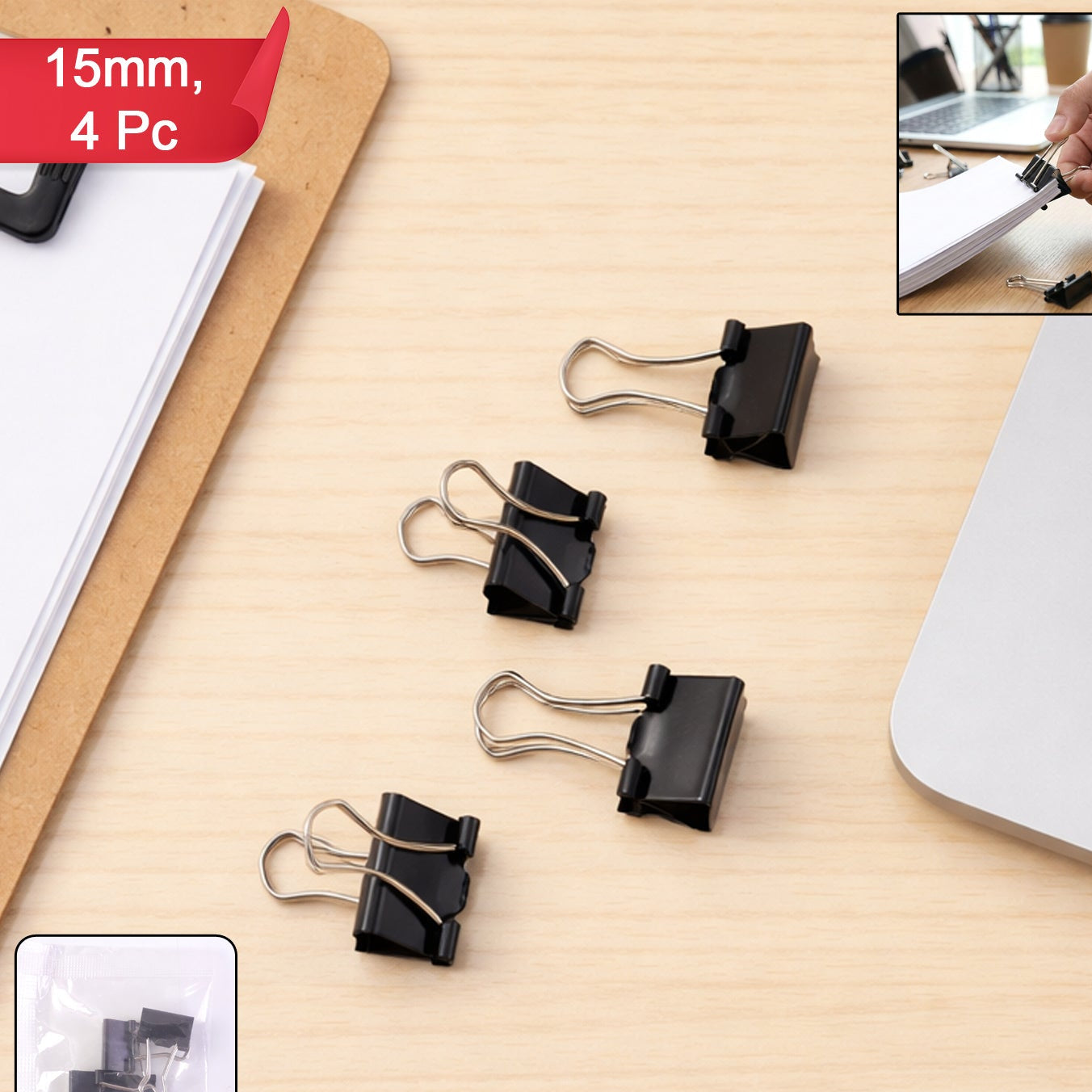 15mm Binder Clips (4 Pc) - Secure Paper Clamps for Office, School & Home - Happy Price - Image 1