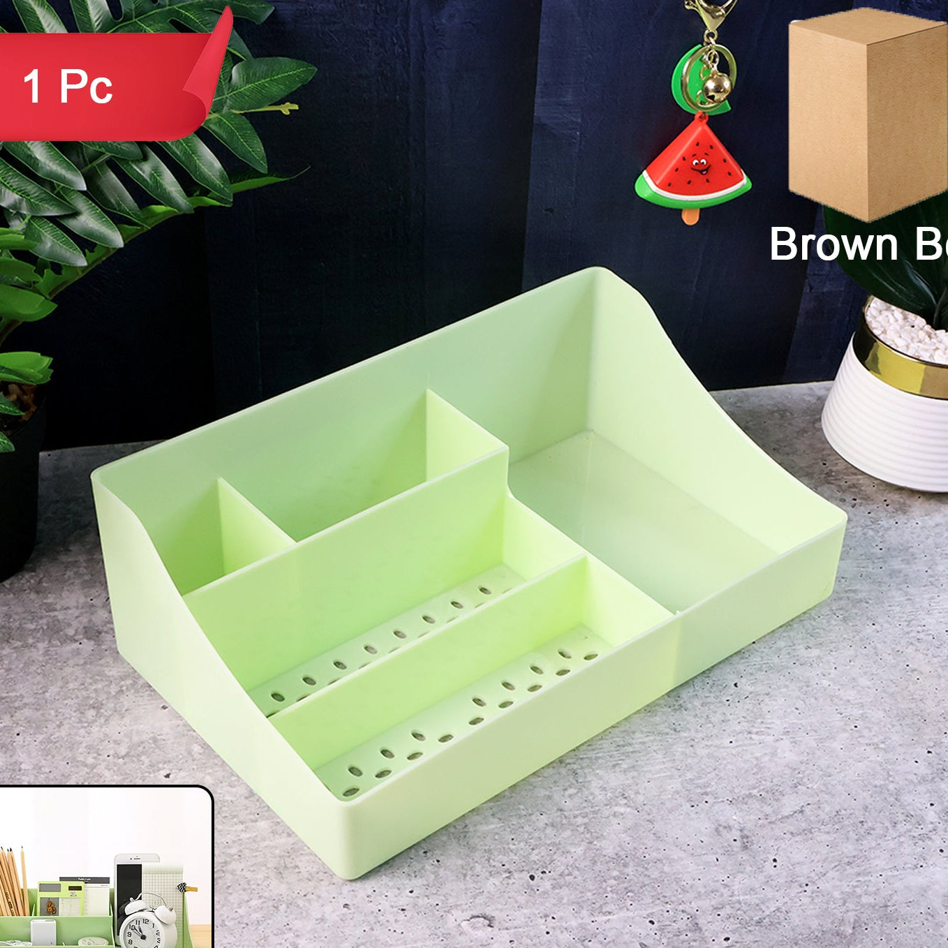 Multi-Compartment Desk Organizer Tray - Green Plastic Storage for Office & Study - Happy Price - Image 1
