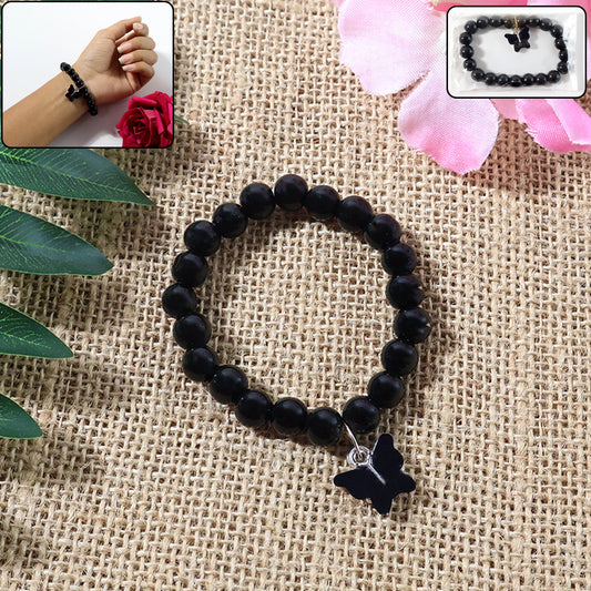 Black Beaded Bracelet with Butterfly Charm - 1 Pc - Happy Price - Image 1