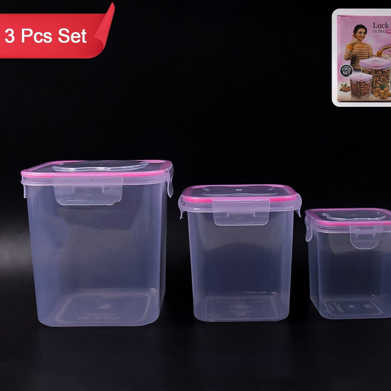 Kitchen Storage Container Set - 3 Pcs (1500ml, 1000ml, 500ml) Airtight Food Grade Plastic - Happy Price - Image 1