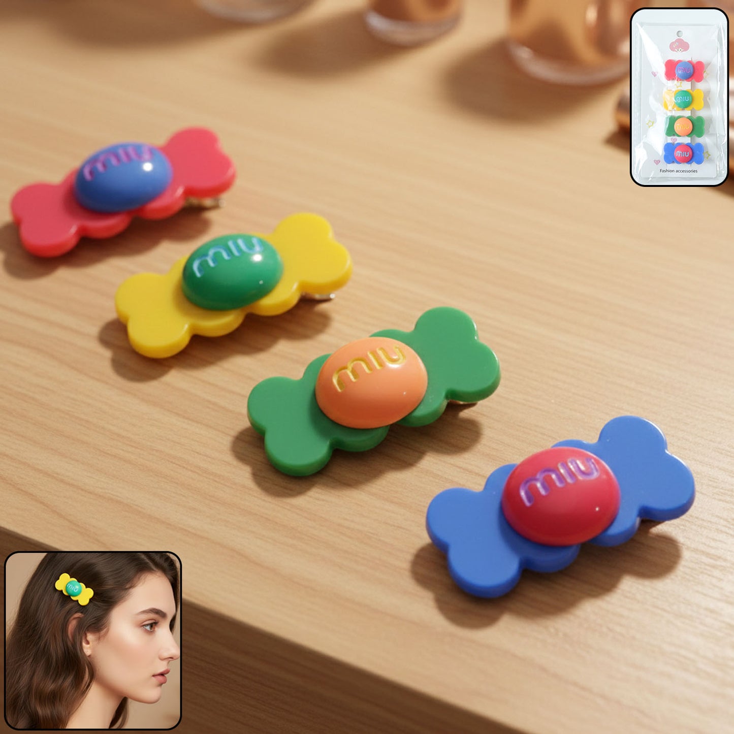 4 Pc Candy Shape Hair Clips for Girls & Women - Colorful Cartoon Snap Accessories - Happy Price - Image 2