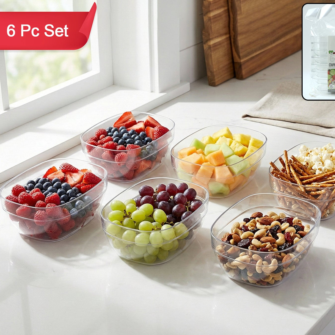 Set of 6 Transparent Oval Serving & Storage Bowls - Happy Price - Image 1