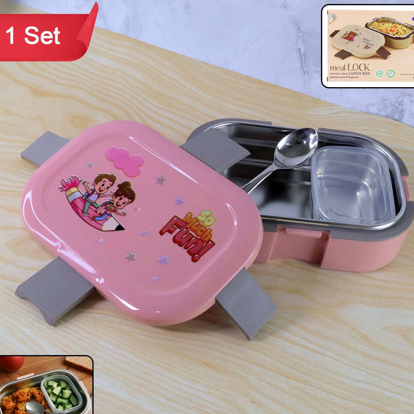 Kids Cartoon Lunch Box Set with Stainless Steel Tray - 1 Set - Happy Price - Image 1