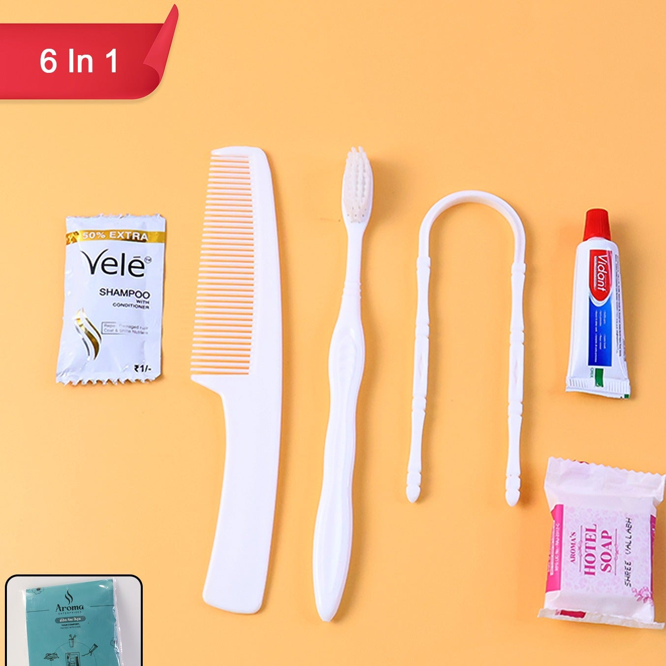 6-in-1 Guest Personal Care Kit with Toothbrush, Toothpaste, Comb, Soap, Shampoo, Tongue Cleaner - Happy Price - Image 1