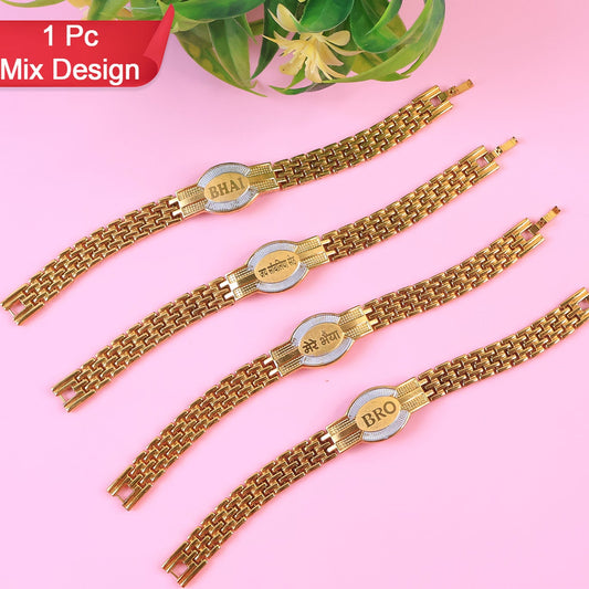 Rakhi Bracelet For Brother Metal Chain Style Rakhi With Mixed Designs (1 Pc) - Happy Price - Image 1