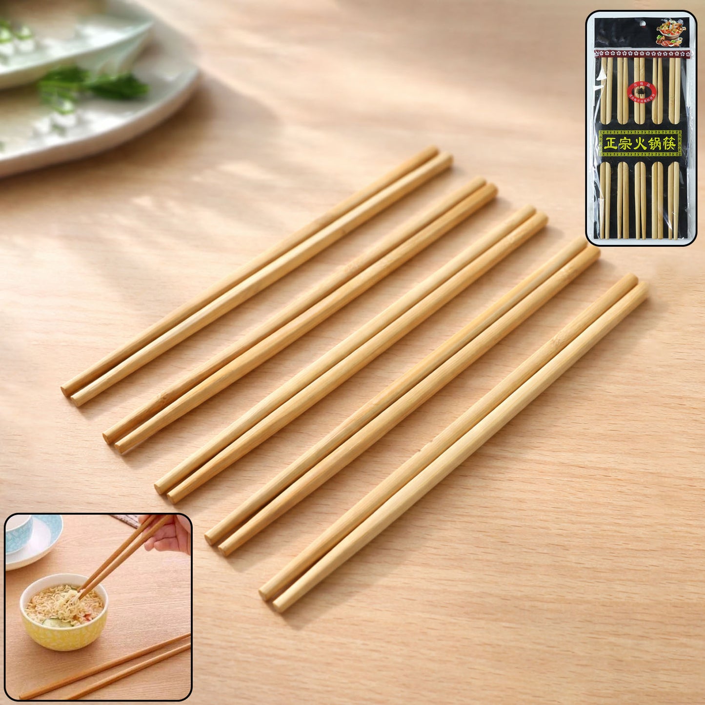 Reusable Bamboo Chopsticks Set - 5 Pairs, 24cm Traditional Dining Utensils - Happy Price - Image 2