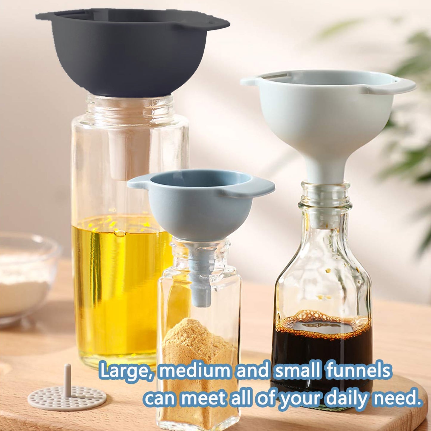 3 In 1 Kitchen Funnel Set Of 3 Funnel For Filling Bottle Small Canning Funnel With Handle Food Grade Plastic Funnel With Detachable Strainer Filter For Liquid Dry Ingredients And Powder - Happy Price - Image 2