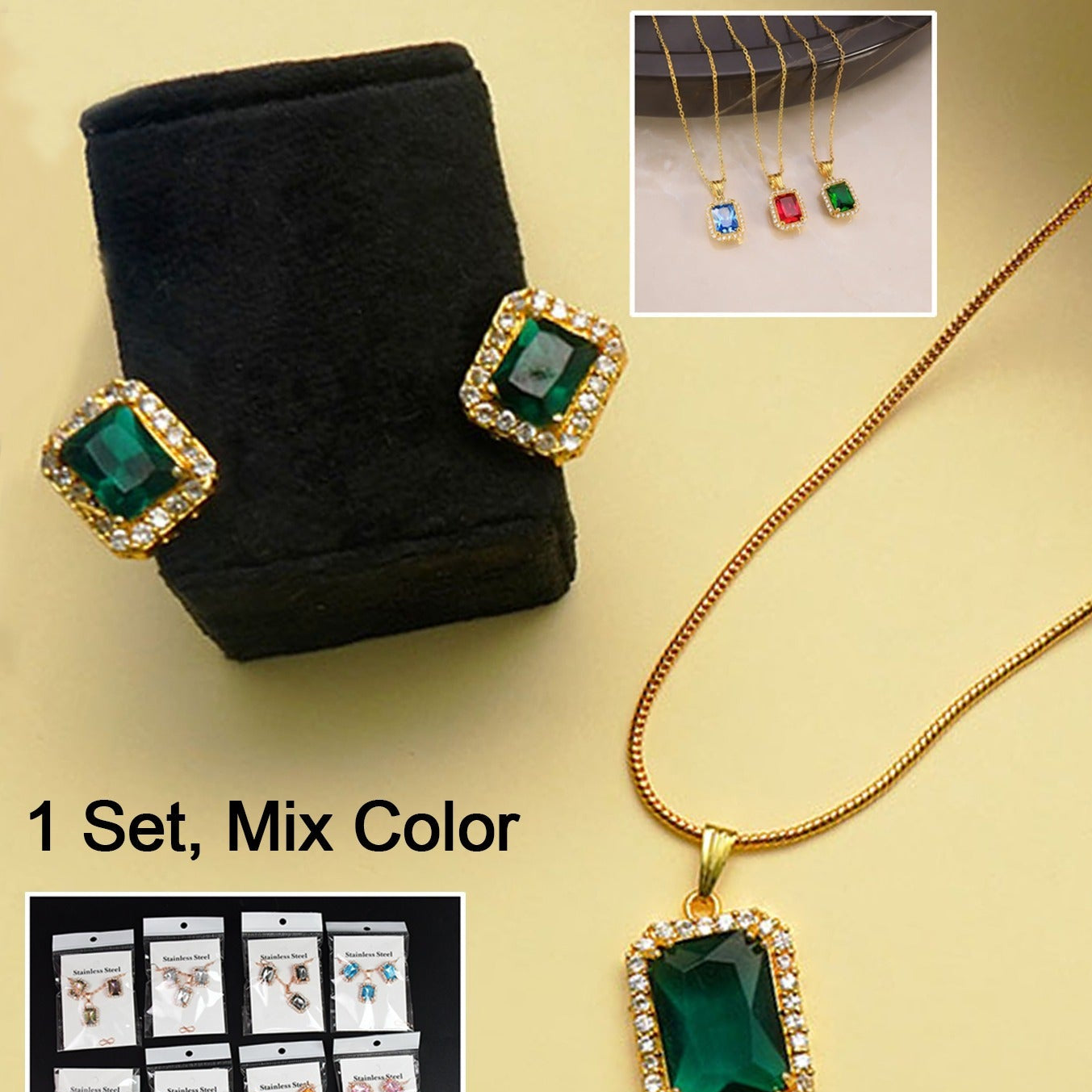 Stone Pendant Necklace Chain Set With Earrings (1 Set  Mix Color  Design) - Happy Price - Image 1