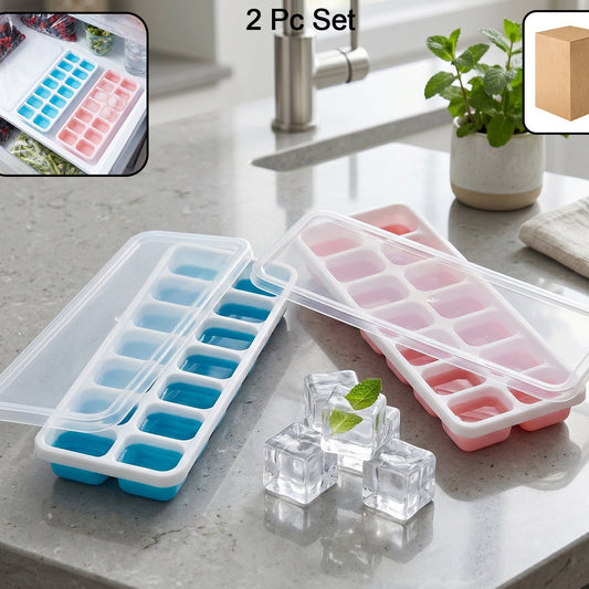 Set of 2 Plastic Ice Cube Trays with Lids - 14 Grids Each - Happy Price - Image 1